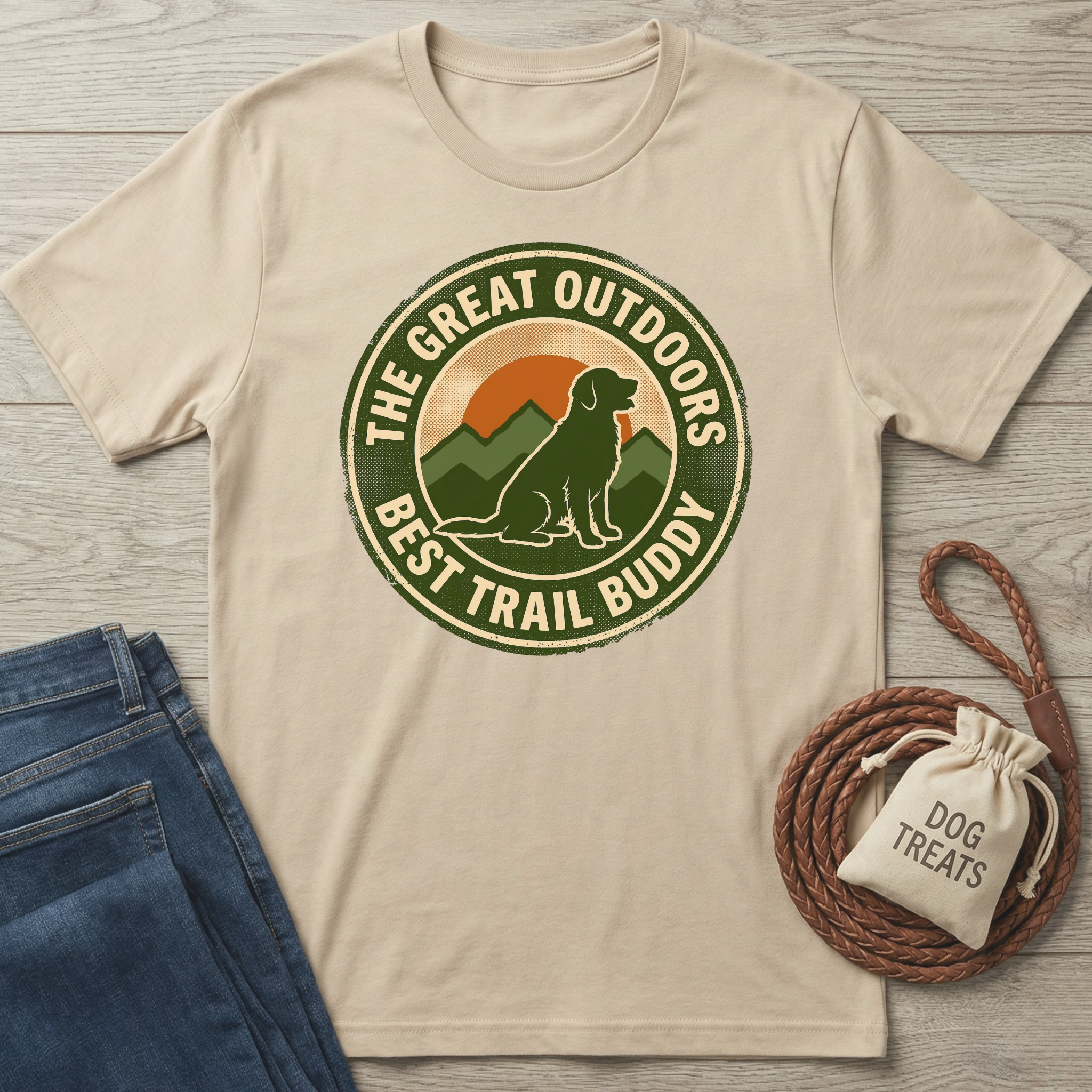 Beige cotton t-shirt with "The Great Outdoors Best Trail Buddy" graphic featuring a dog, mountains, and sunset.