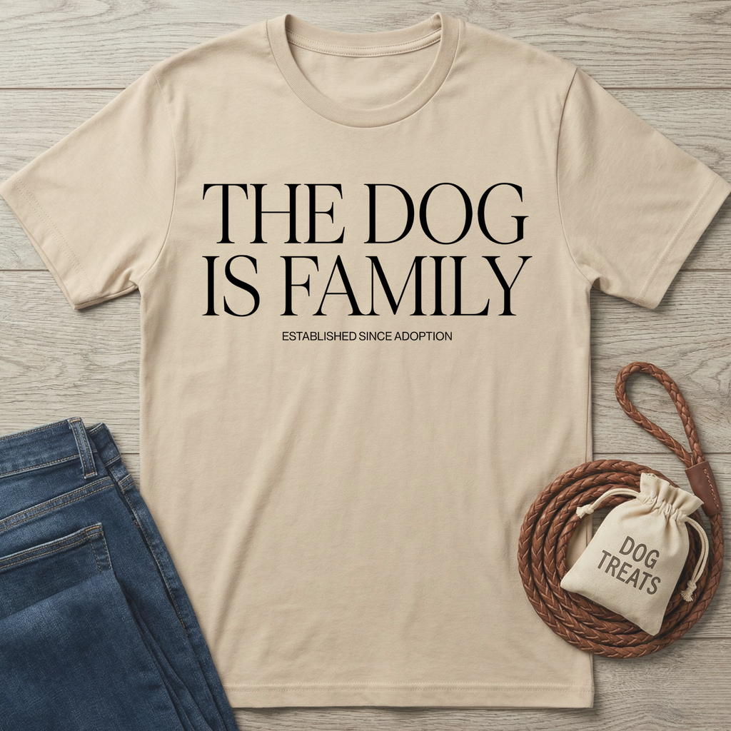 Beige cotton "The Dog Is Family" t-shirt with blue jeans, a braided leash, and a "Dog Treats" bag.