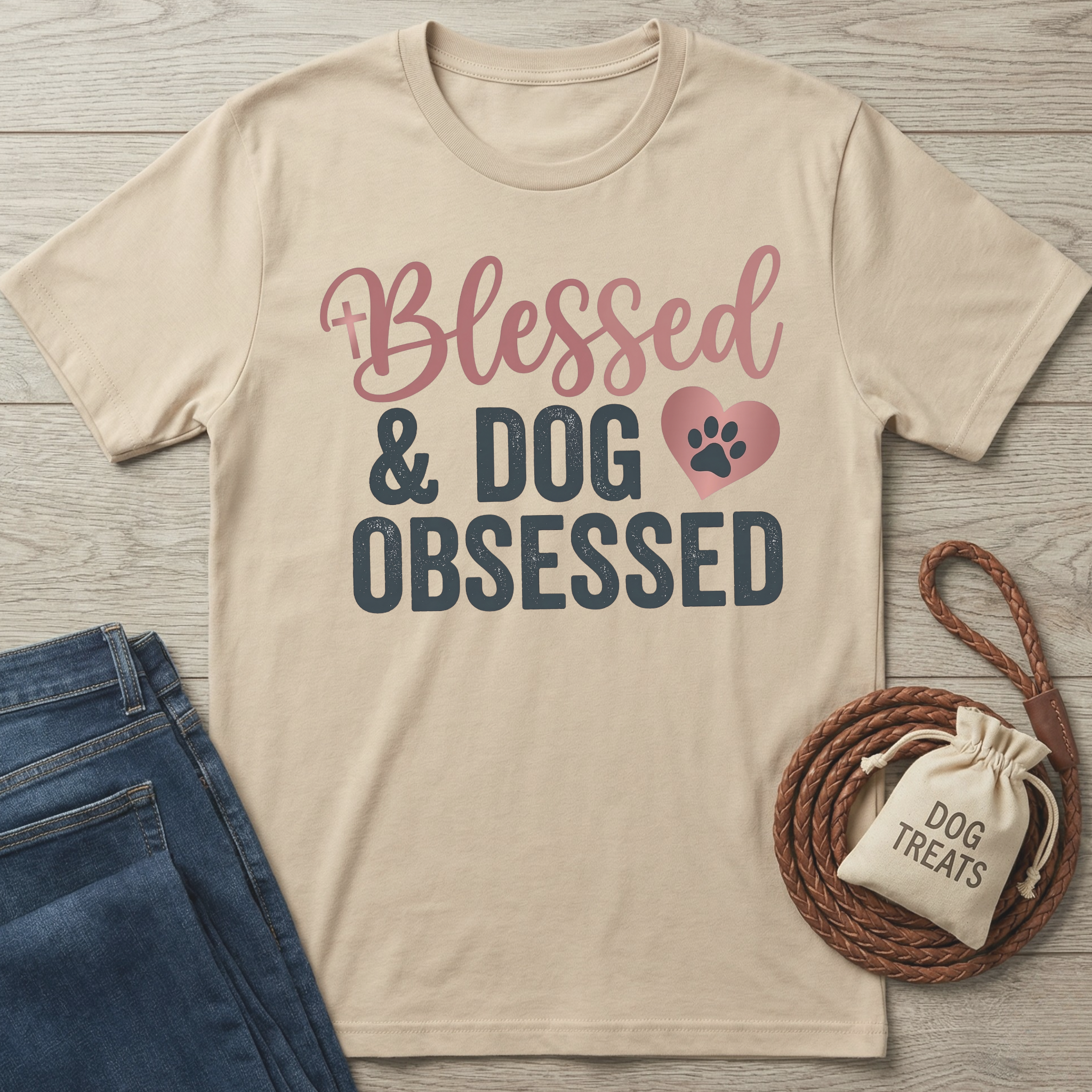 Beige "Blessed & Dog Obsessed" t-shirt with pink and dark gray text, next to jeans and dog treats.