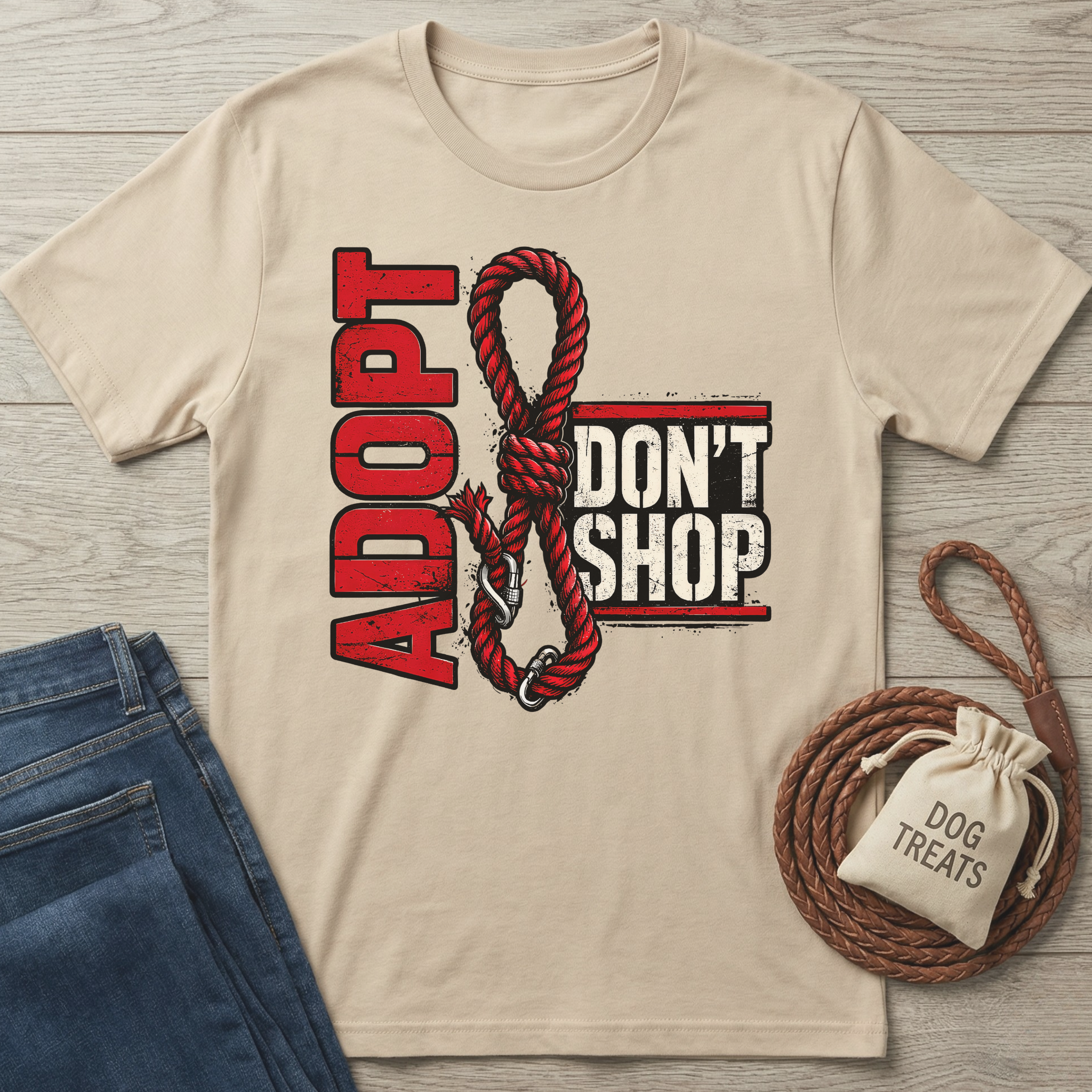 Beige cotton Adopt Don't Shop V2 t-shirt with red rope graphic, next to jeans and dog treats.