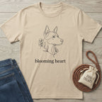 Blooming Heart T-shirt: tan Gildan Softstyle tee with a black line art dog and floral design.