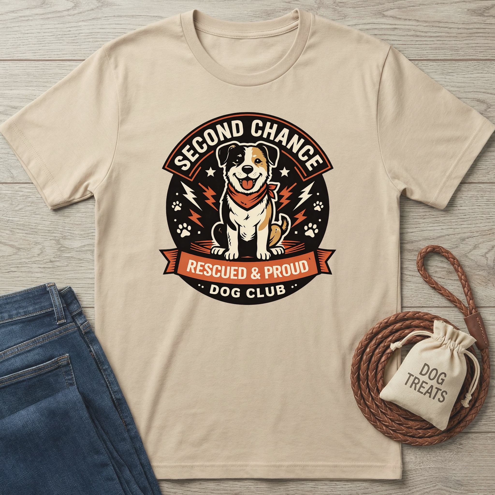 Beige cotton t-shirt with "Second Chance Dog Club" logo featuring a happy dog, lightning bolts, and paw prints.