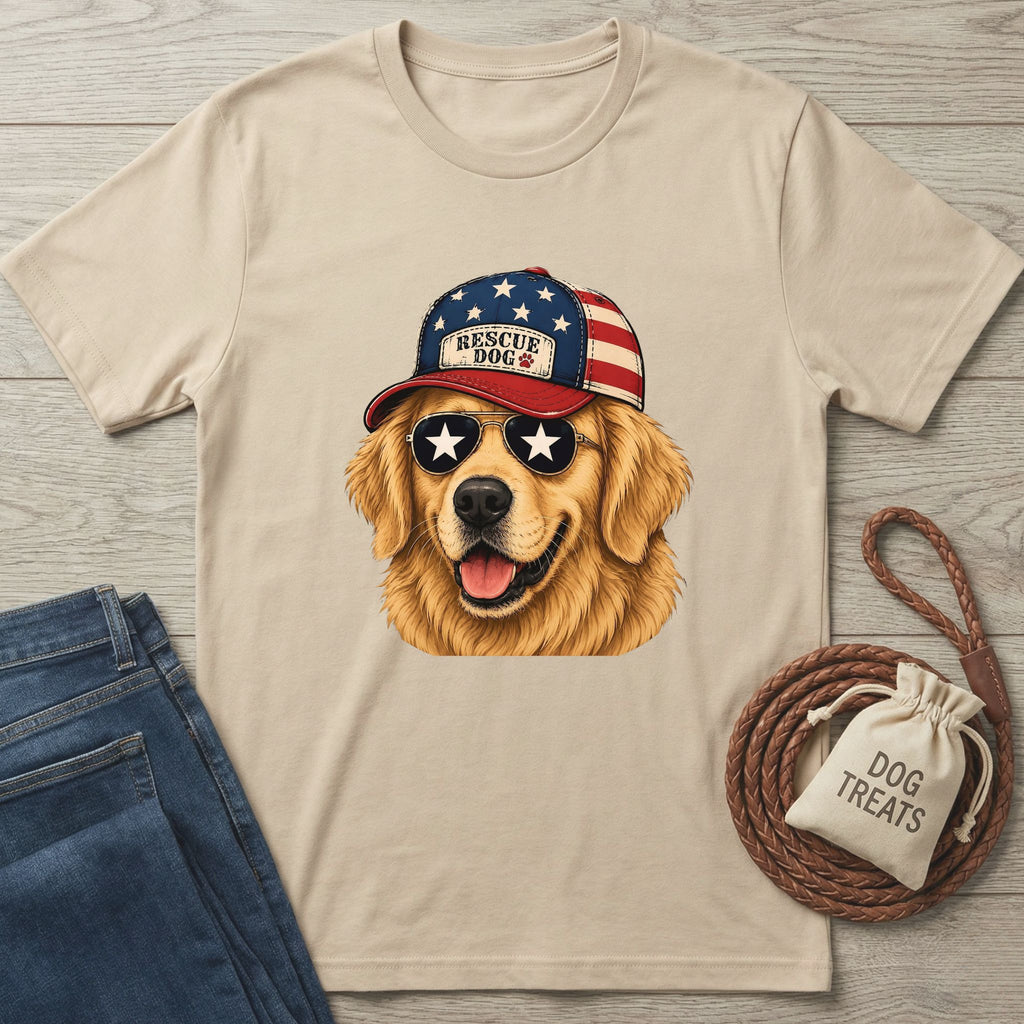 Beige t-shirt with a dog wearing an American flag cap, sunglasses, and 'Rescue Dog' text, paired with jeans and a dog treat bag on a wooden surface.