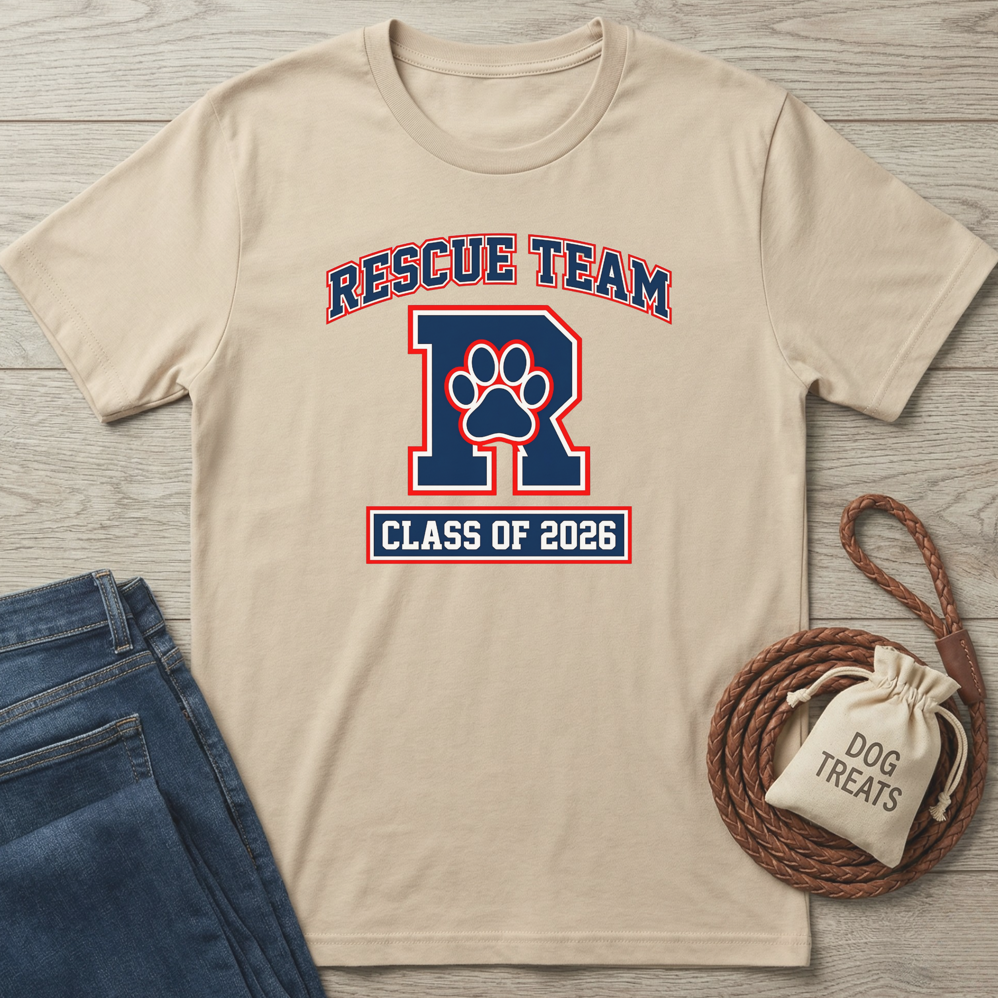 Beige cotton Rescue Team T-shirt with a blue R and paw print, Class of 2026, next to jeans and dog treats.
