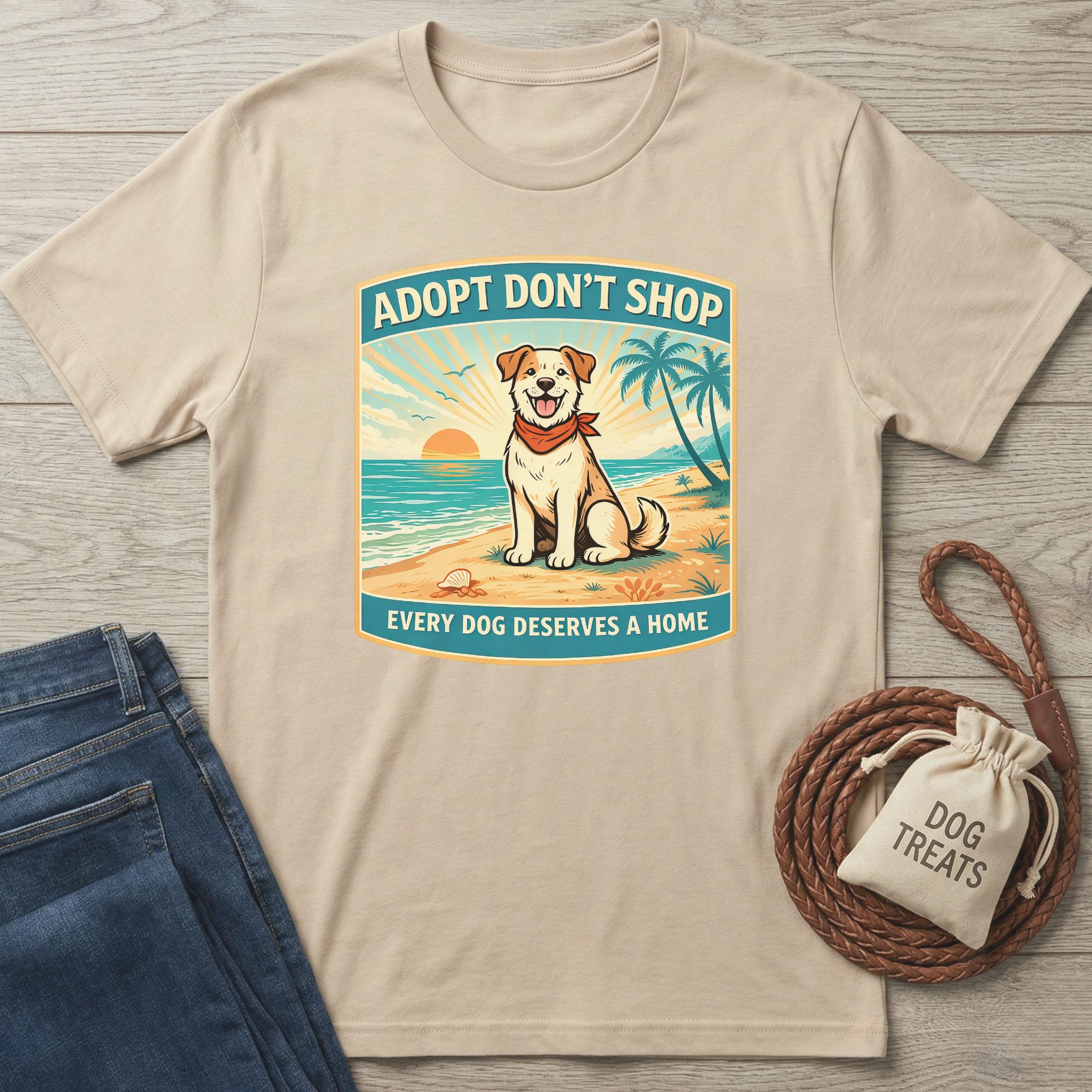 Beige "Adopt Don't Shop" t-shirt with a beach scene featuring a happy dog, palm trees, and sunset.