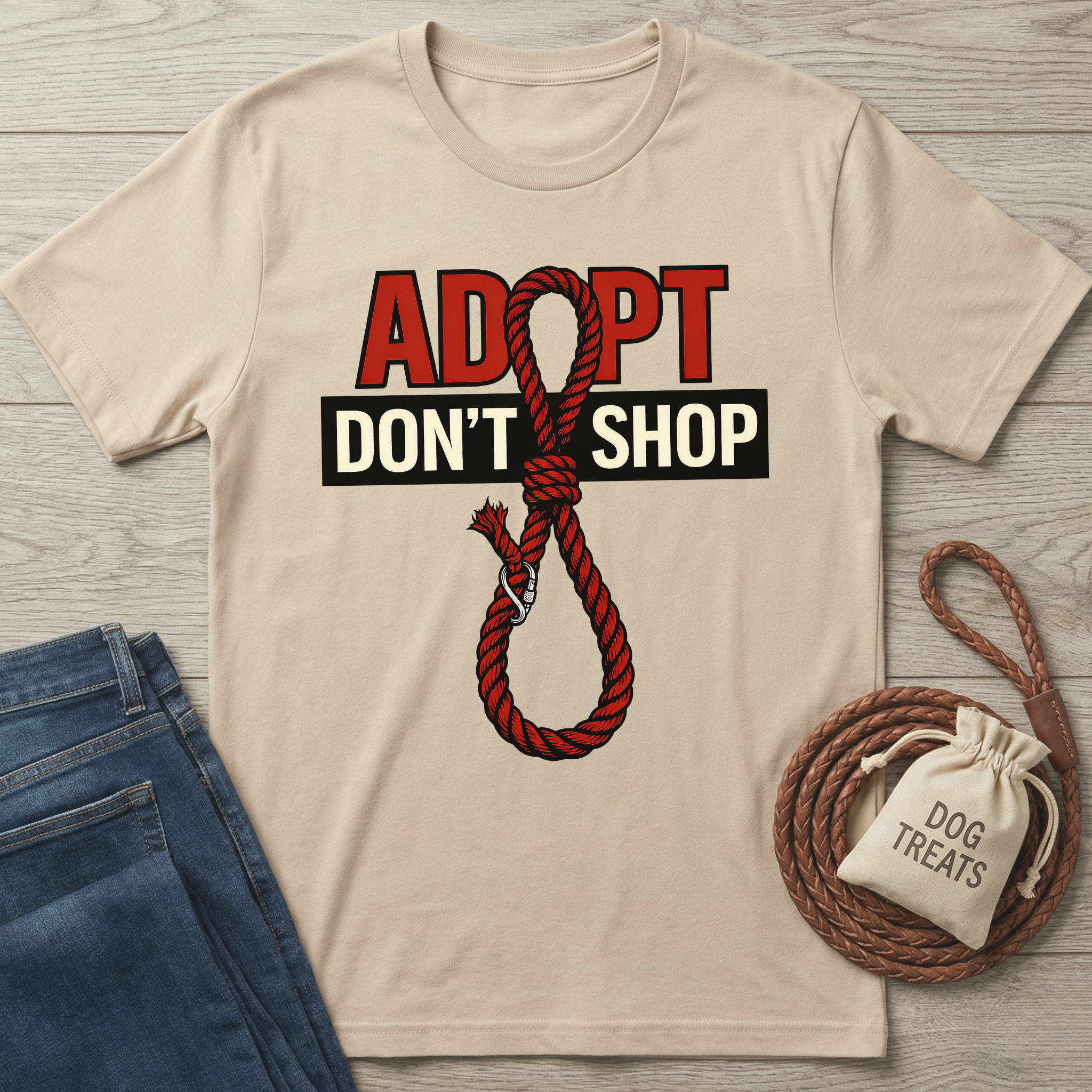 Beige cotton t-shirt with "ADOPT DON'T SHOP" text and a red rope noose graphic.