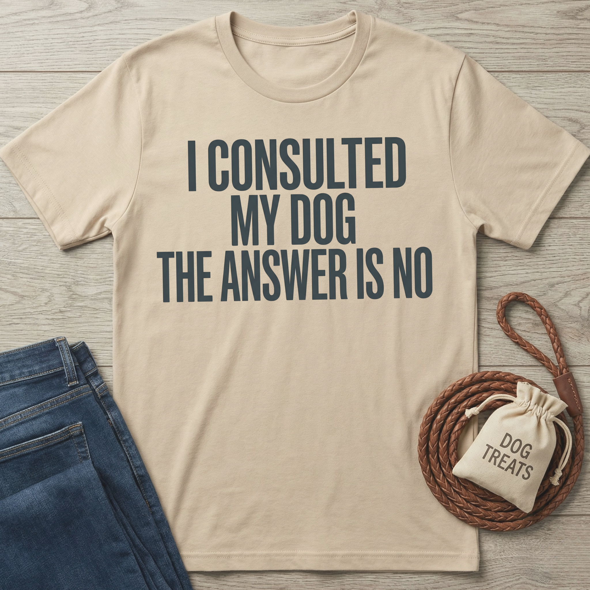 Beige cotton t-shirt with "I CONSULTED MY DOG THE ANSWER IS NO" text, next to blue jeans and dog treats.
