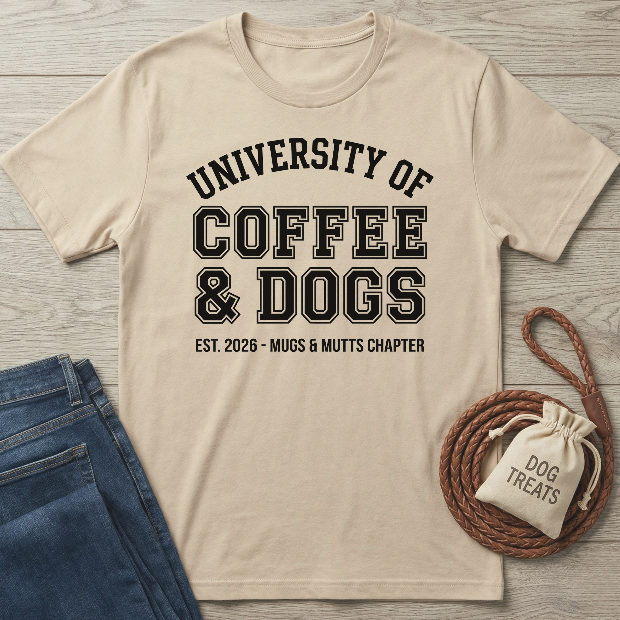 Beige t-shirt with 'University of Coffee & Dogs' text, next to jeans and a dog treat bag on a wooden surface.