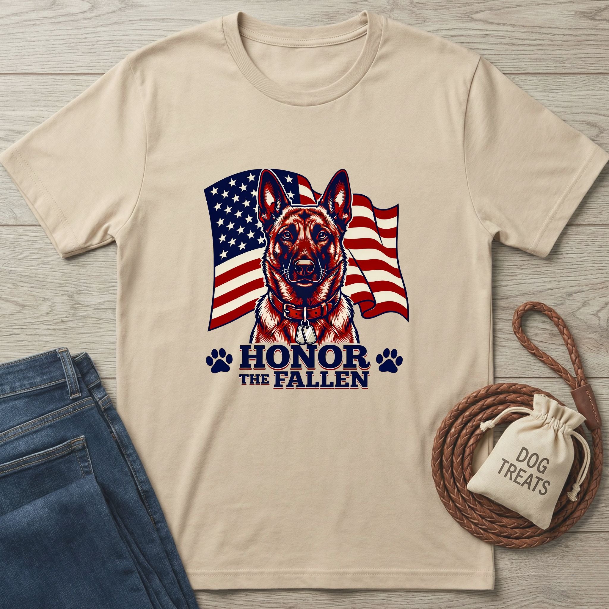 Beige Gildan Softstyle t-shirt with a German Shepherd, American flag, "Honor The Fallen" text, and paw prints.