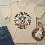 Beige Gildan Softstyle t-shirt with "Soul Dog Society Second Chances Club" logo featuring a rescue dog.