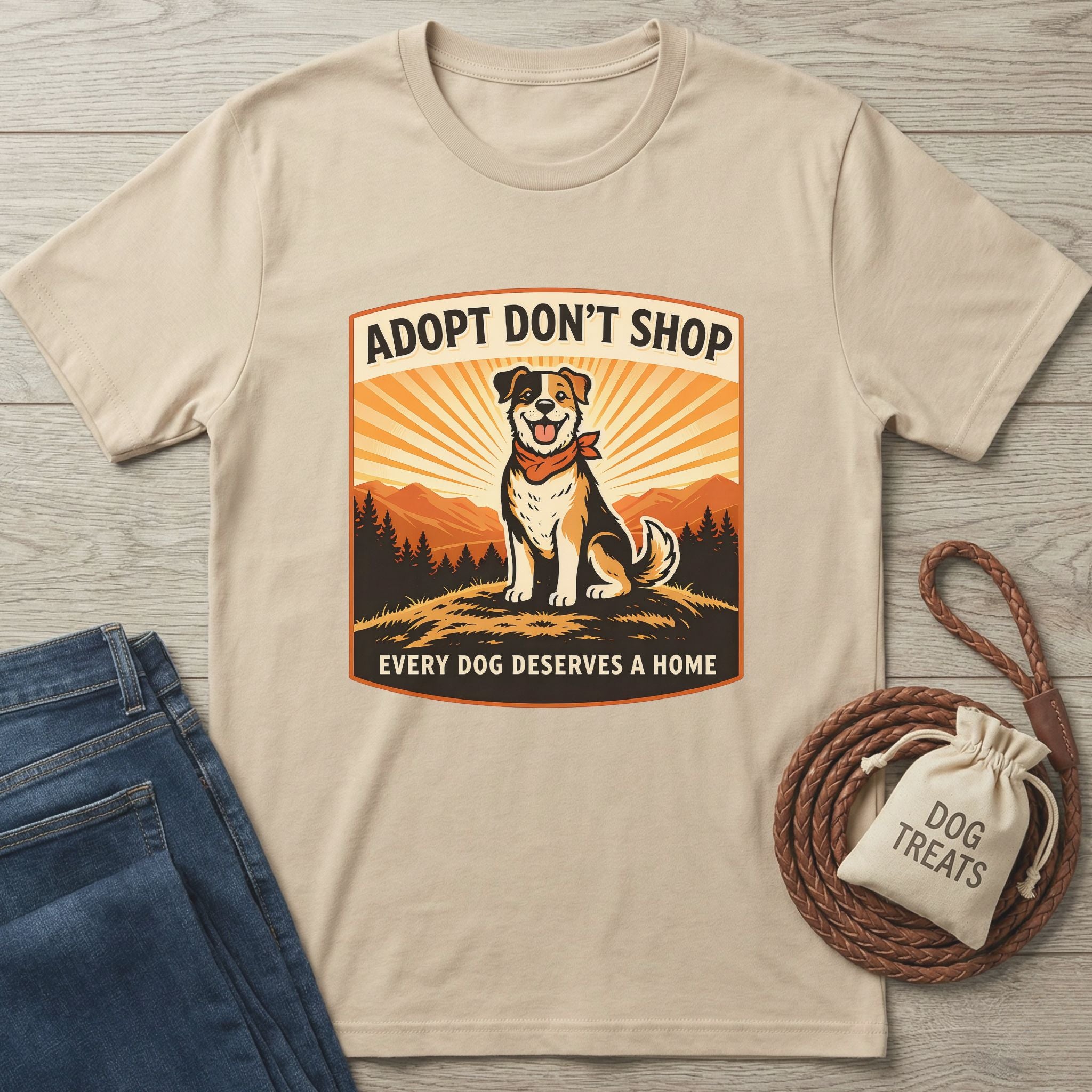 Beige Gildan Softstyle® 64000 tee with "Adopt Don't Shop" graphic featuring a rescue dog.