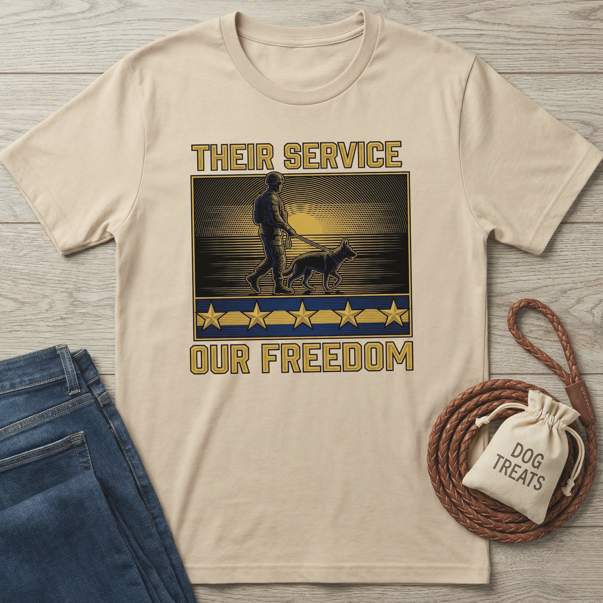 Beige cotton t-shirt with "Their Service Our Freedom" text, soldier, and K9 dog graphic.