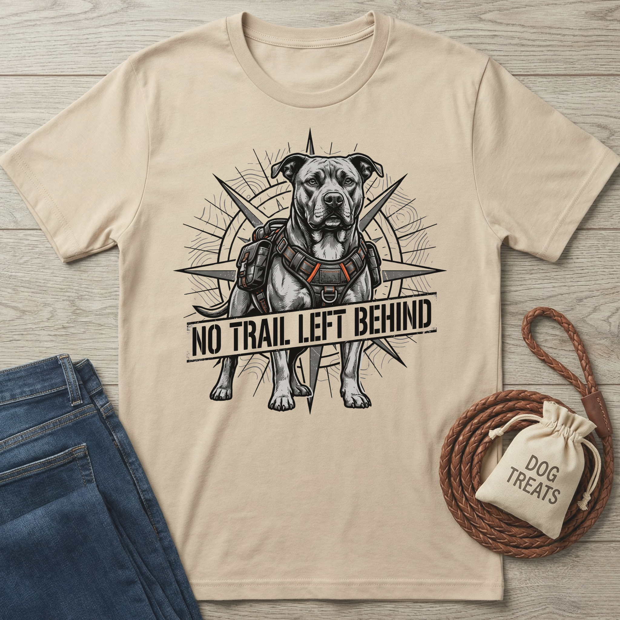 Beige cotton t-shirt with a graphic of a pit bull wearing a harness, compass design, and "No Trail Left Behind" text.