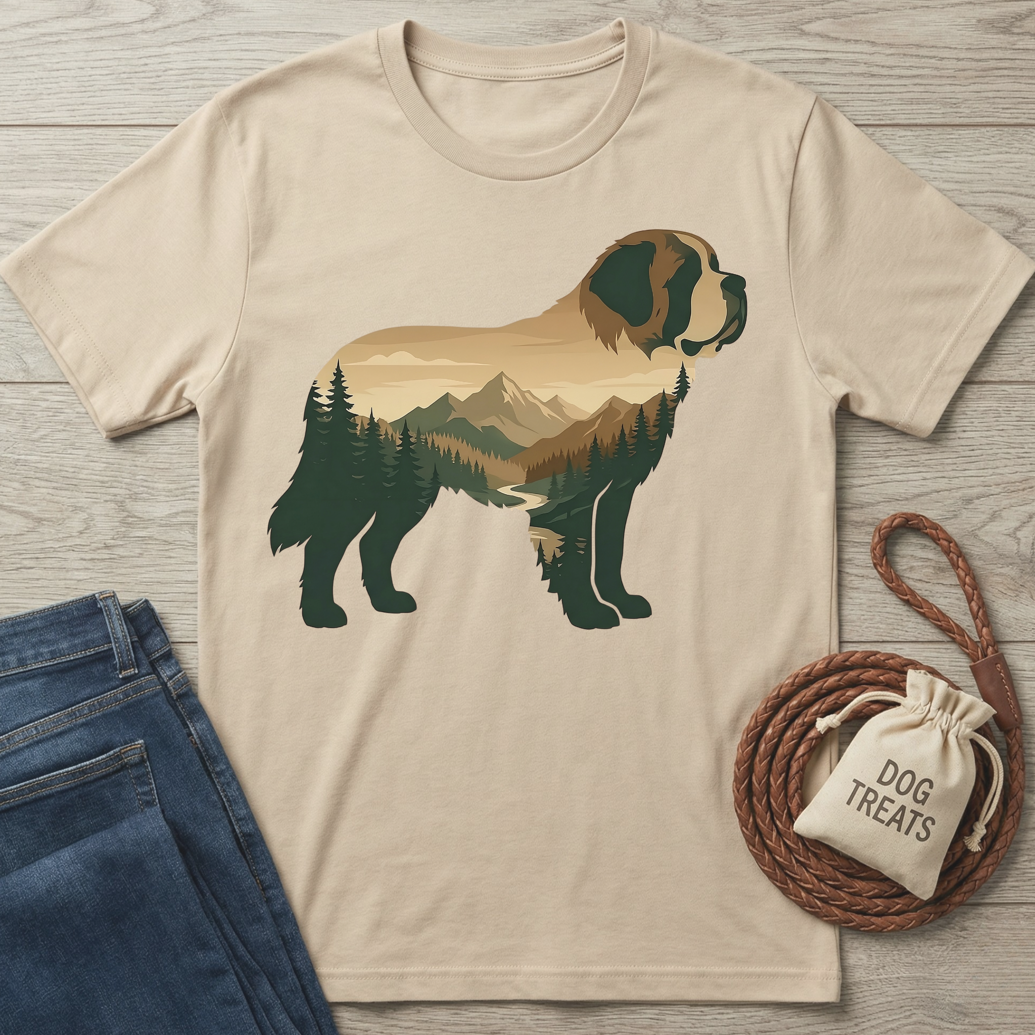 Beige cotton t-shirt with a large St. Bernard silhouette filled with a mountain and forest landscape design.