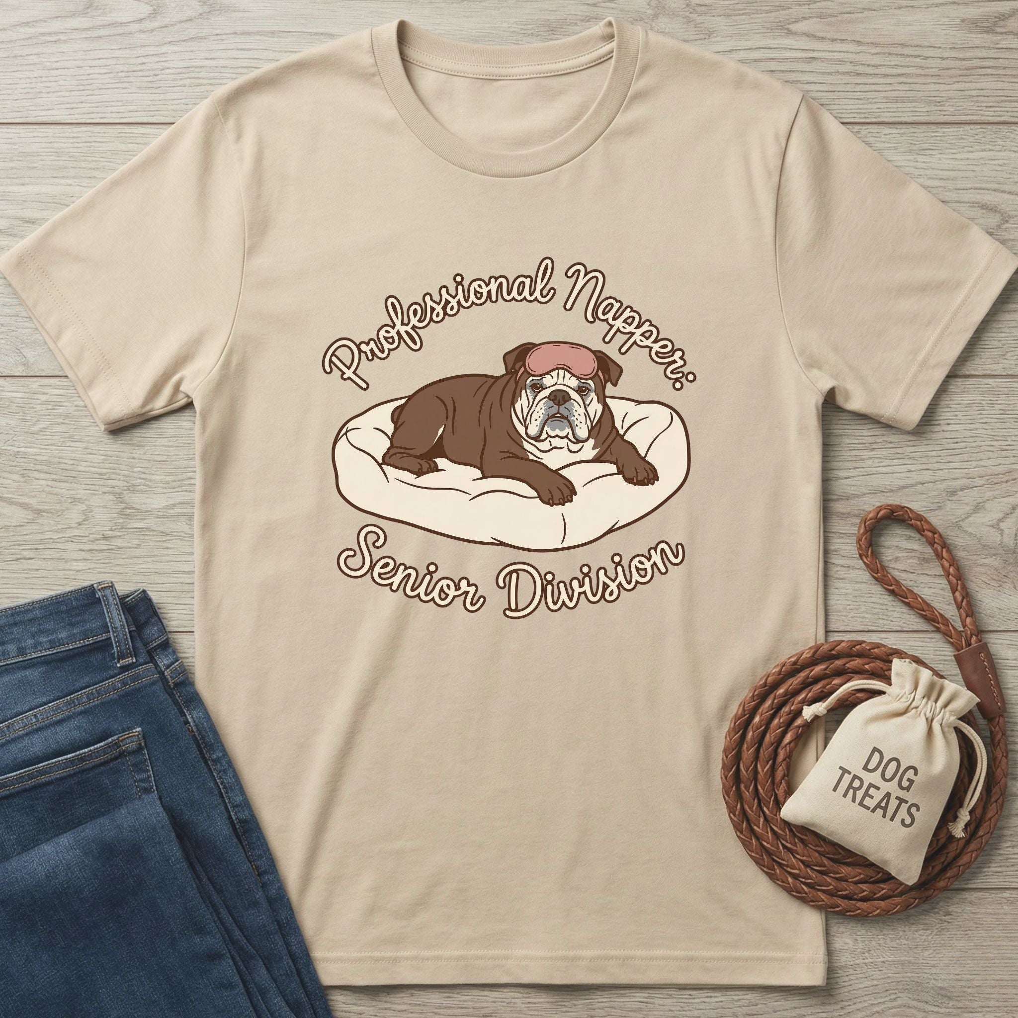 Tan Gildan Softstyle® t-shirt with a bulldog graphic and "Professional Napper: Senior Division" text.