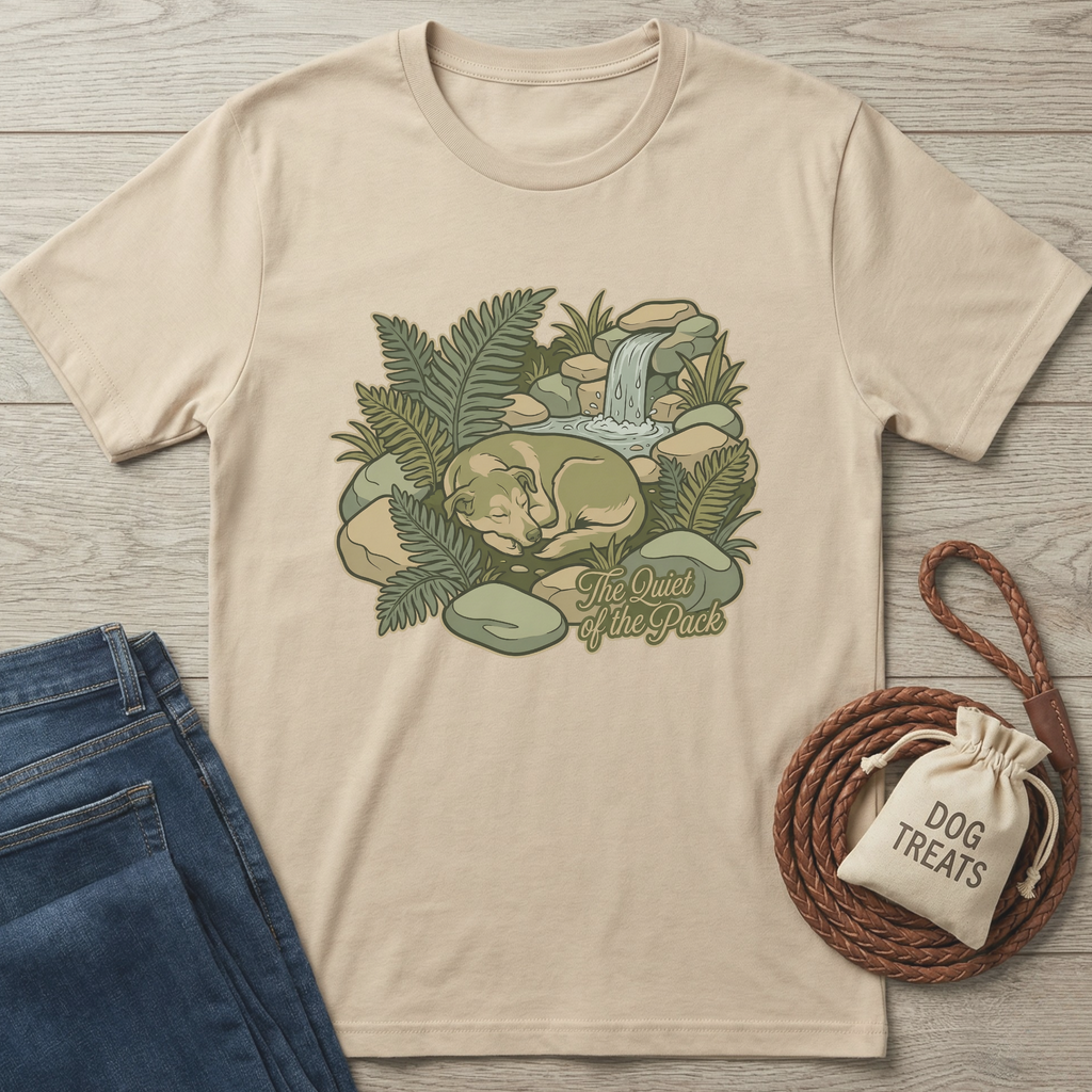 Beige cotton t-shirt with a sleeping dog by a waterfall and "The Quiet of the Pack" text.