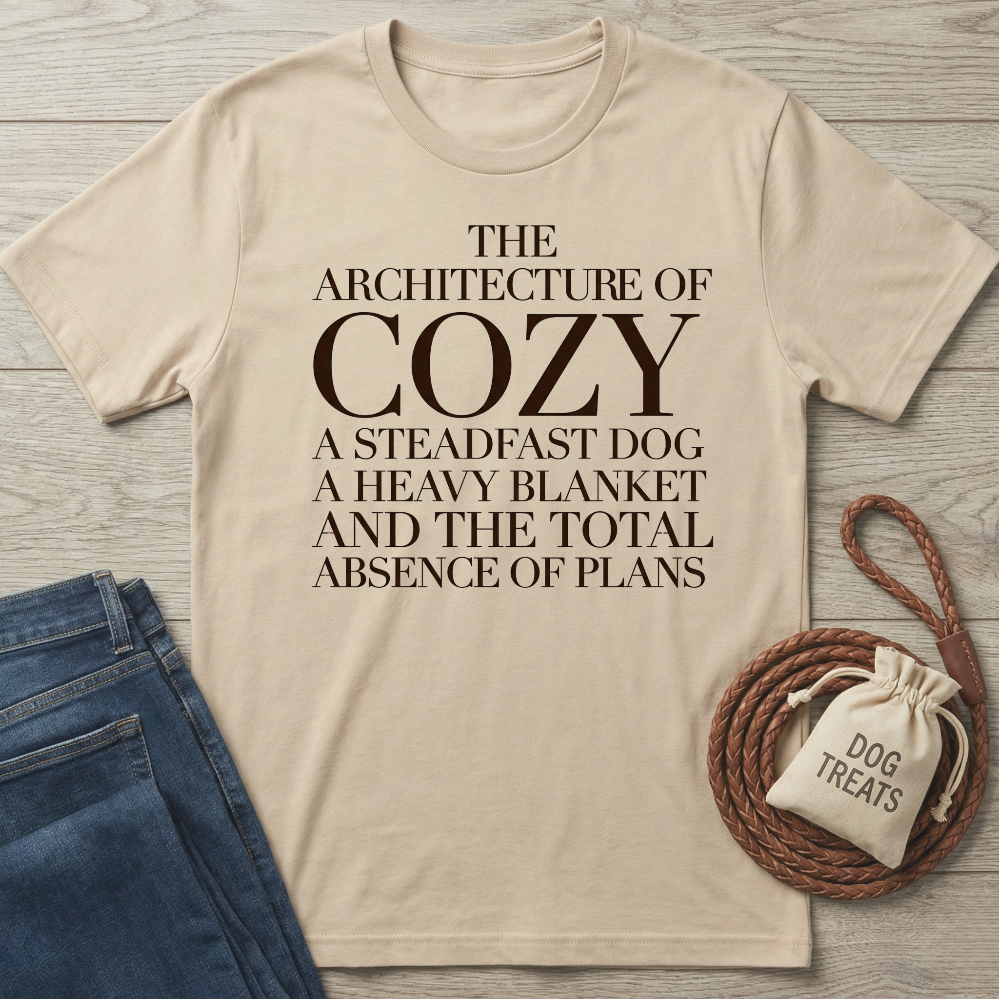 Beige cotton t-shirt with "The Architecture of Cozy" text, next to blue jeans and a dog treat bag.