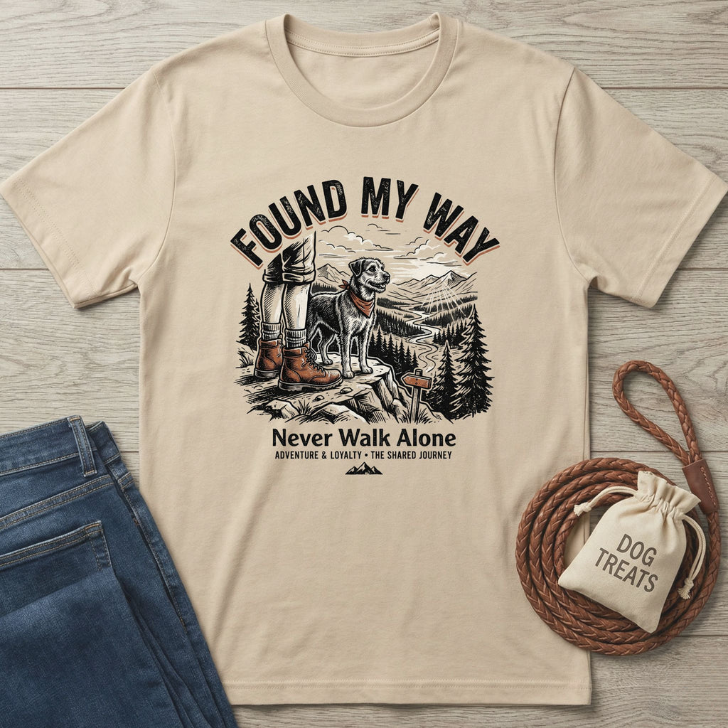 Found My Way T-shirt in sand with a graphic of a person and dog hiking, surrounded by jeans and dog treats.