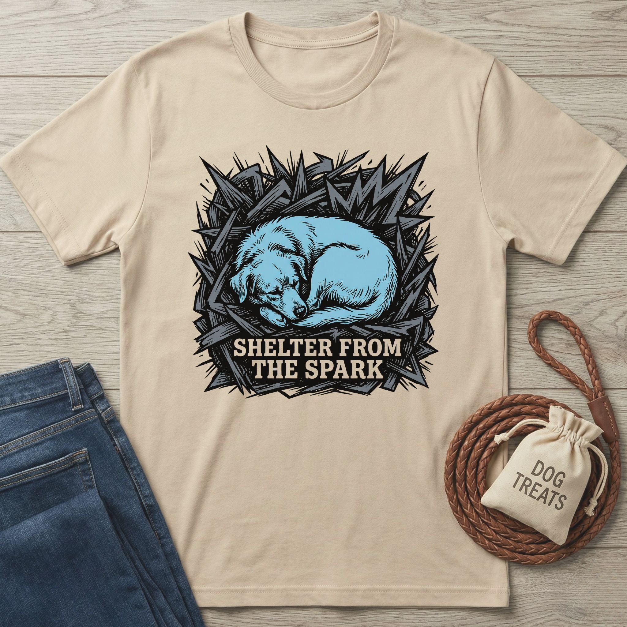 Gildan Softstyle® 64000 tee in natural with a blue sleeping rescue dog graphic and "Shelter From The Spark" text.
