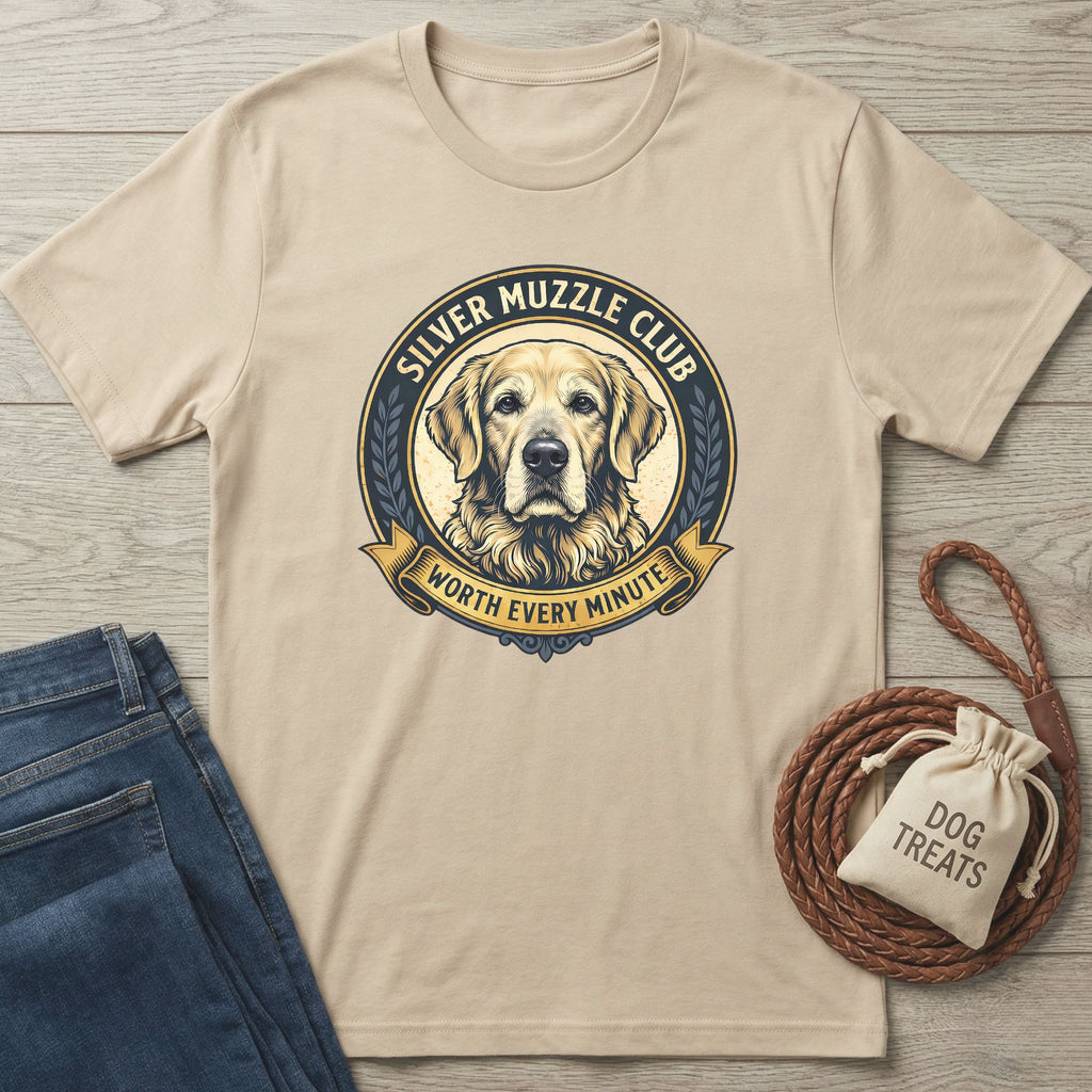 Beige Gildan Softstyle® T-shirt with a "Silver Muzzle Club" golden retriever graphic.