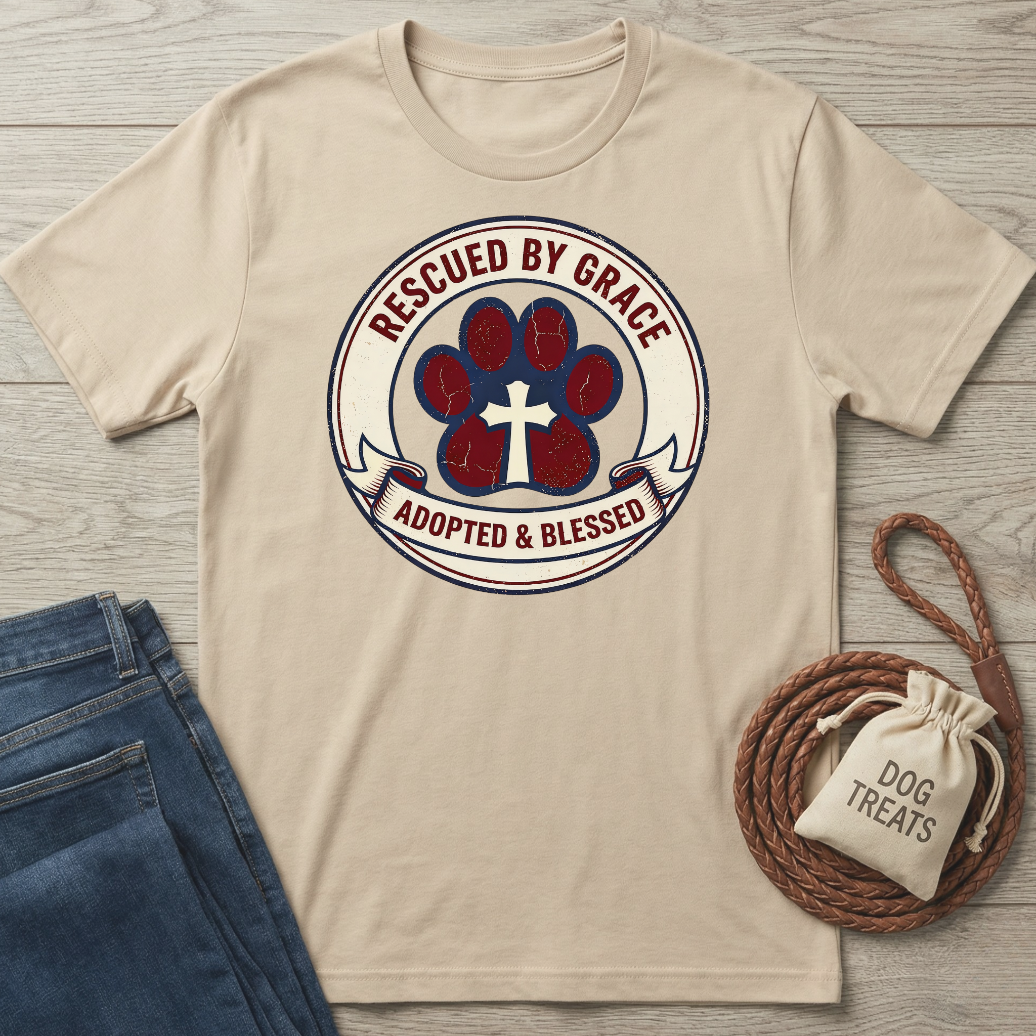 Beige cotton t-shirt with "Rescued By Grace, Adopted & Blessed" paw print design.