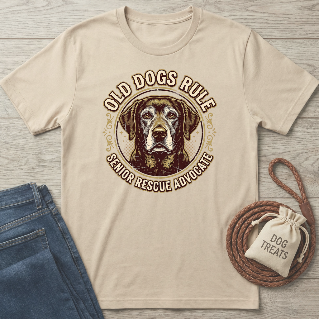Beige cotton t-shirt with "Old Dogs Rule Senior Rescue Advocate" graphic featuring a senior Labrador.