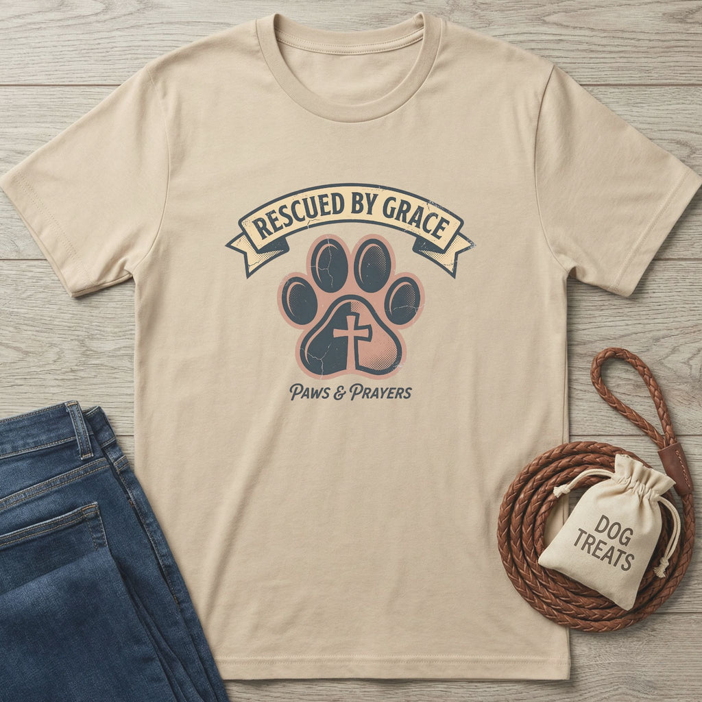 Paws & Prayers T-Shirt: Tan Gildan Softstyle tee with "Rescued by Grace" text, paw print, and cross design.