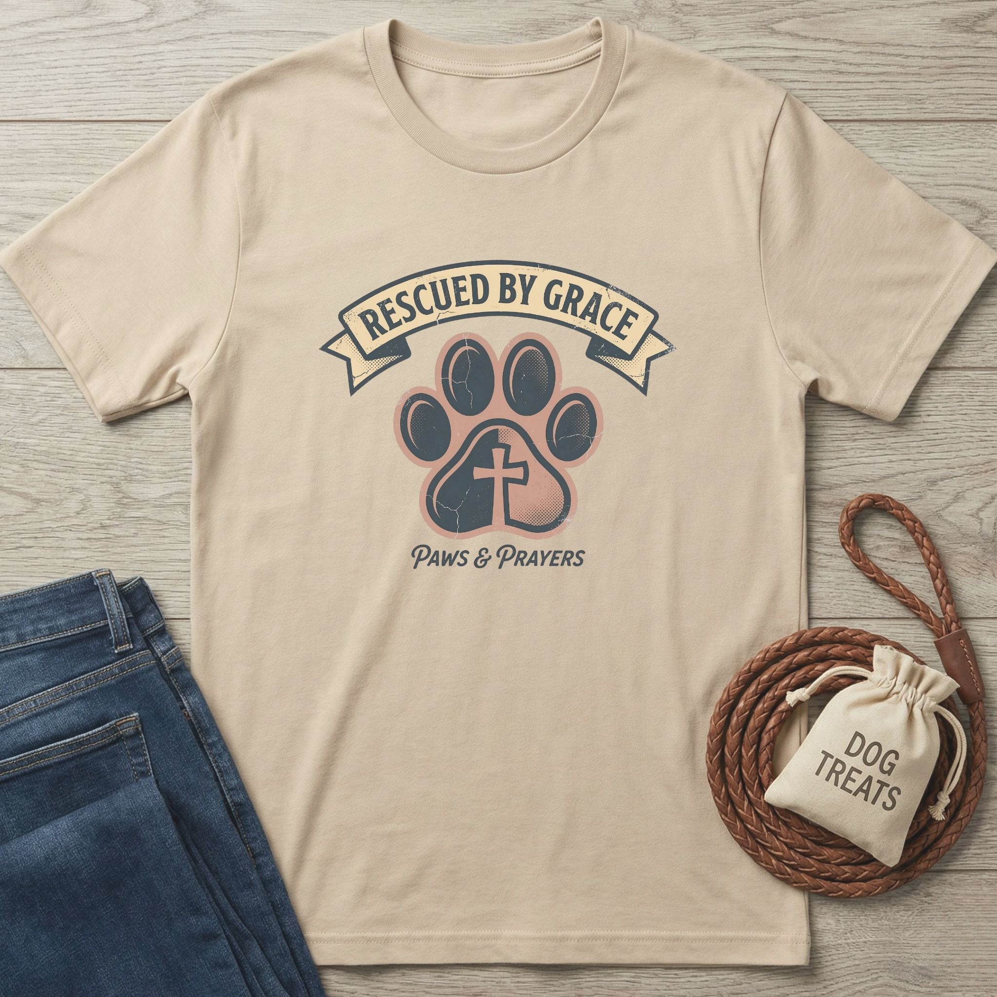 Paws & Prayers T-Shirt: Tan Gildan Softstyle tee with "Rescued by Grace" text, paw print, and cross design.