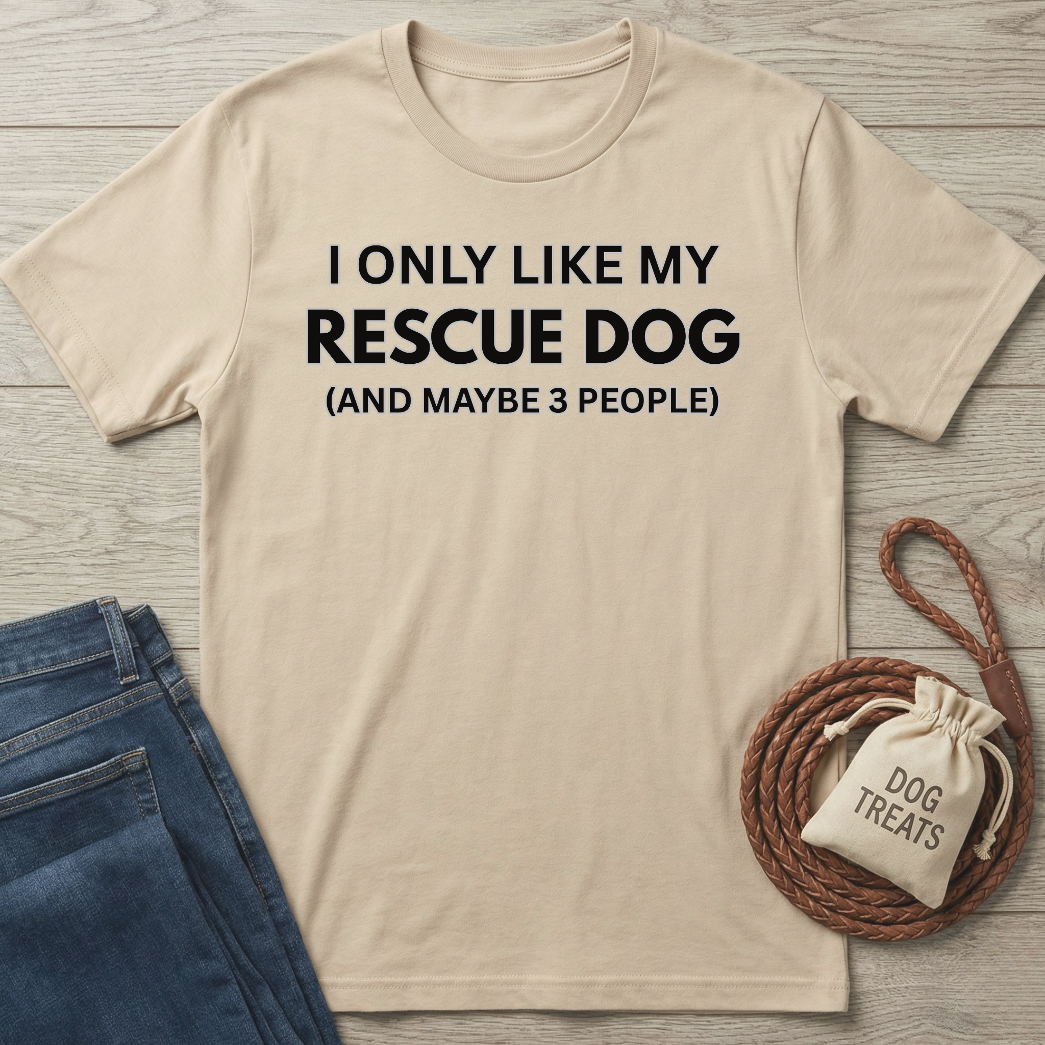 Beige cotton t-shirt with "I ONLY LIKE MY RESCUE DOG (AND MAYBE 3 PEOPLE)" in black text.