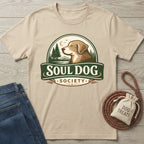Soul Dog Society Logo T-Shirt in natural cotton with a graphic of a dog, trees, and "Soul Dog Society.