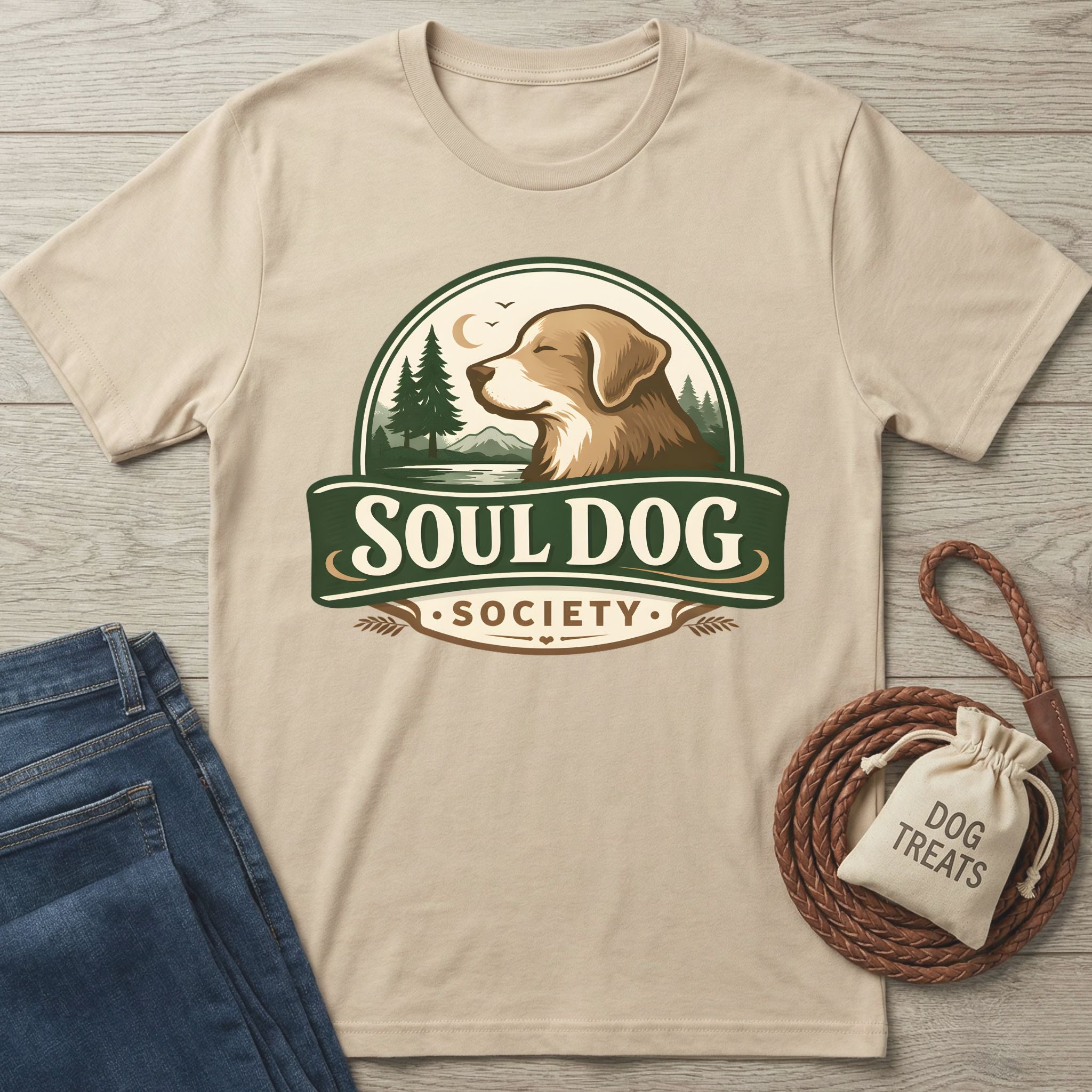 Soul Dog Society Logo T-Shirt in natural cotton with a graphic of a dog, trees, and "Soul Dog Society.