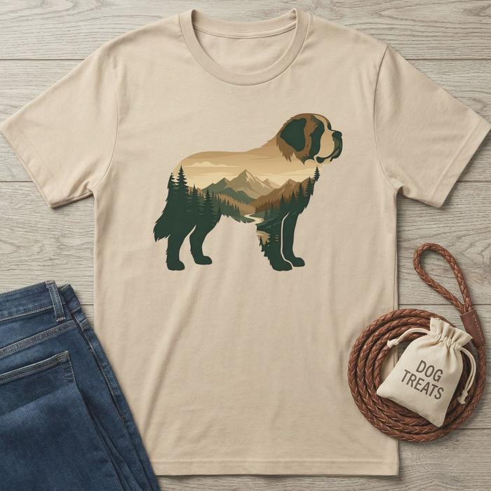 Beige cotton t-shirt with a large St. Bernard silhouette filled with a mountain and forest landscape.