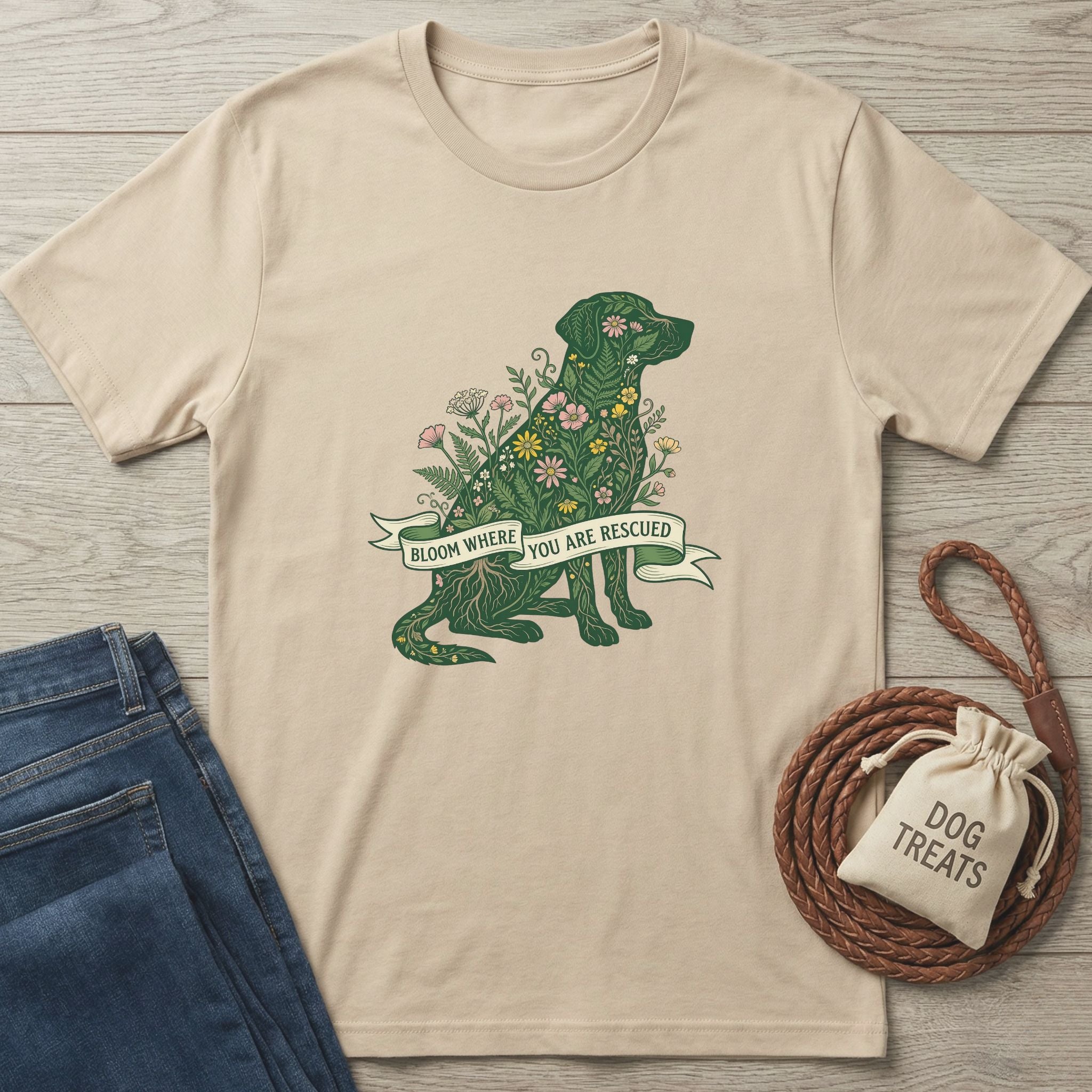 Beige Gildan Softstyle t-shirt with a green floral dog design and "Bloom Where You Are Rescued" banner.