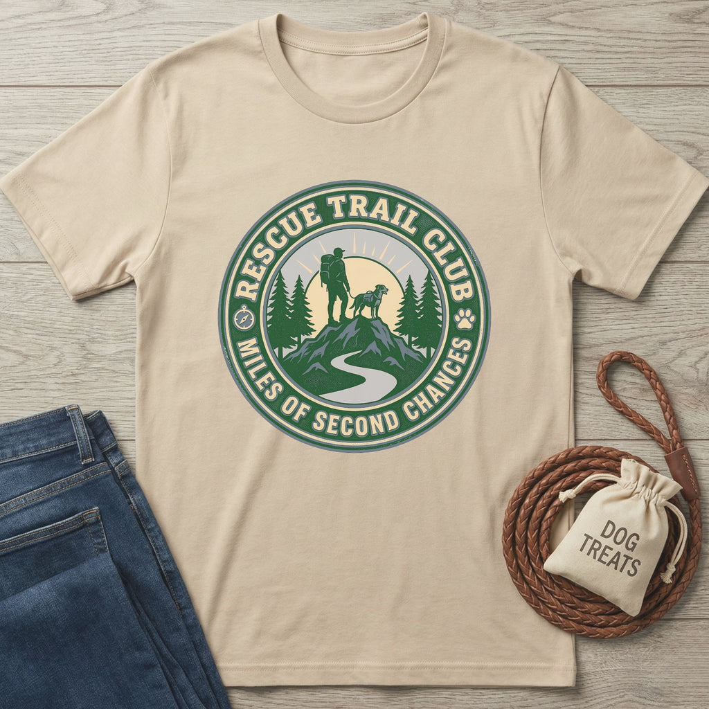 Rescue Trail Club T-shirt in natural, featuring a graphic of a hiker and dog on a mountain trail.