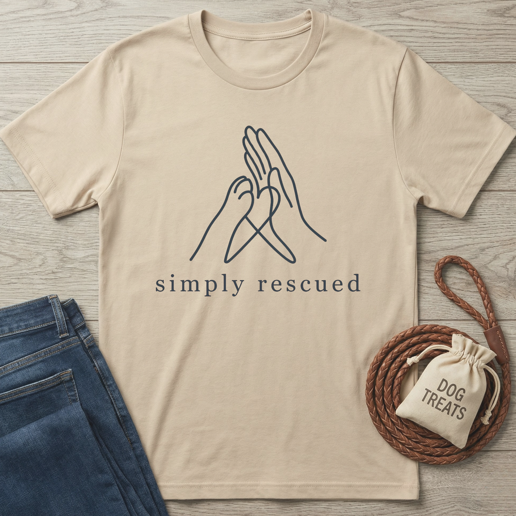 Simply Rescued T-shirt: beige cotton tee with a black line art design of a human hand and dog paw forming a heart.