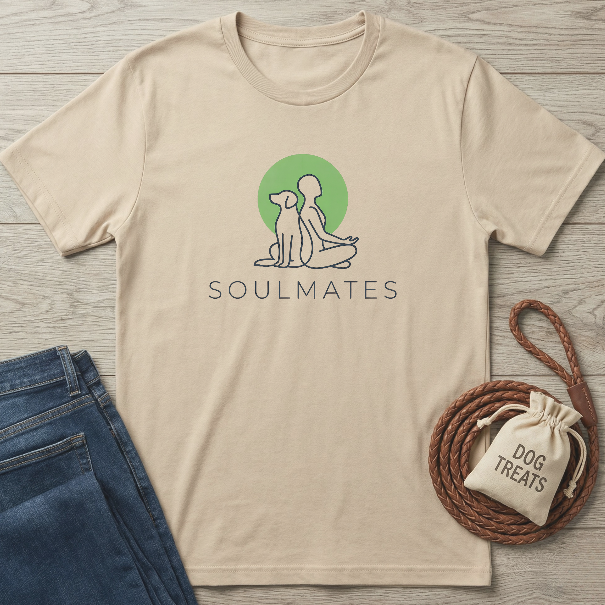 Beige t-shirt with 'Soulmates' graphic, blue jeans, and dog treat bag on a wooden surface