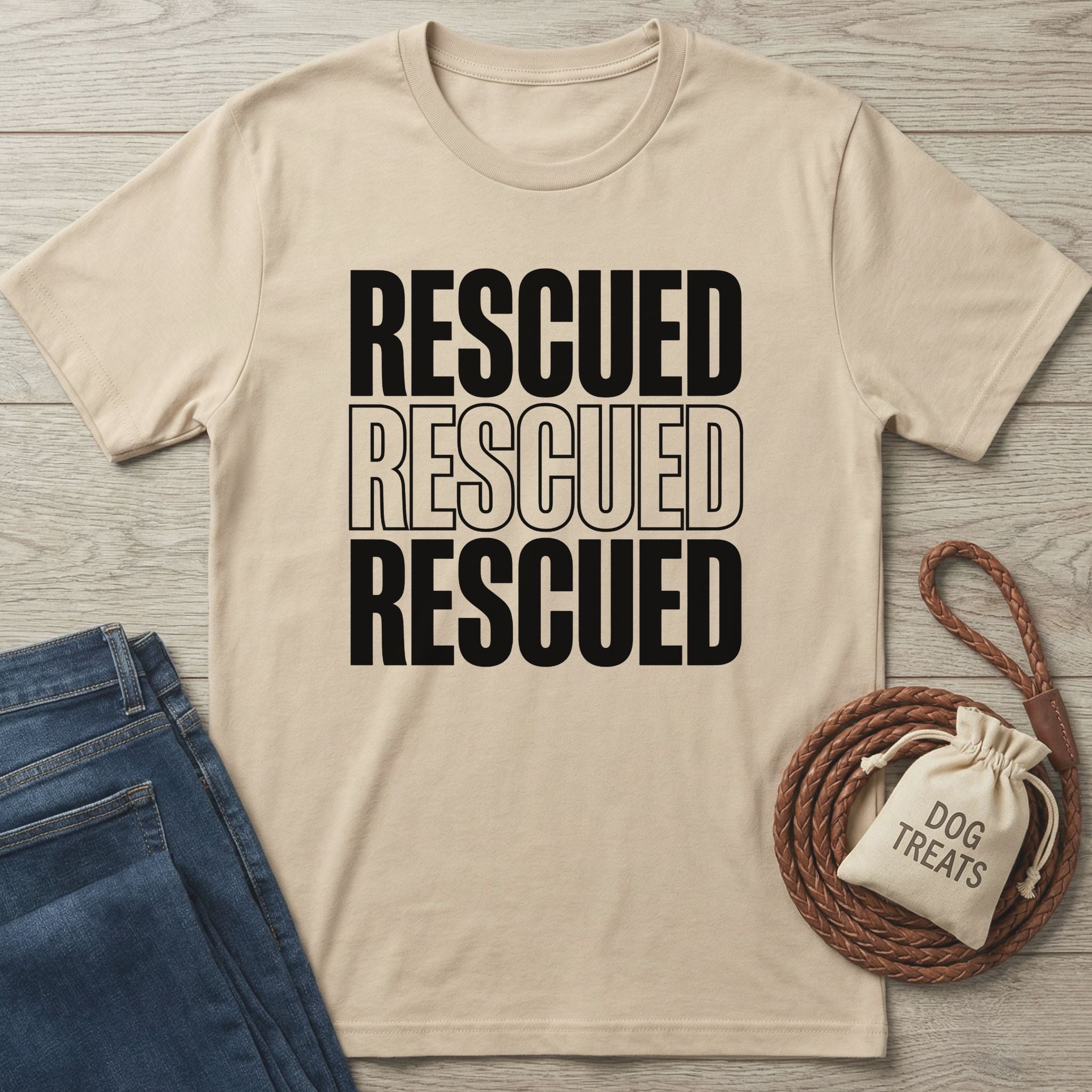 Tan "Rescued" graphic tee with blue jeans, braided leash, and "Dog Treats" bag on a wooden surface.