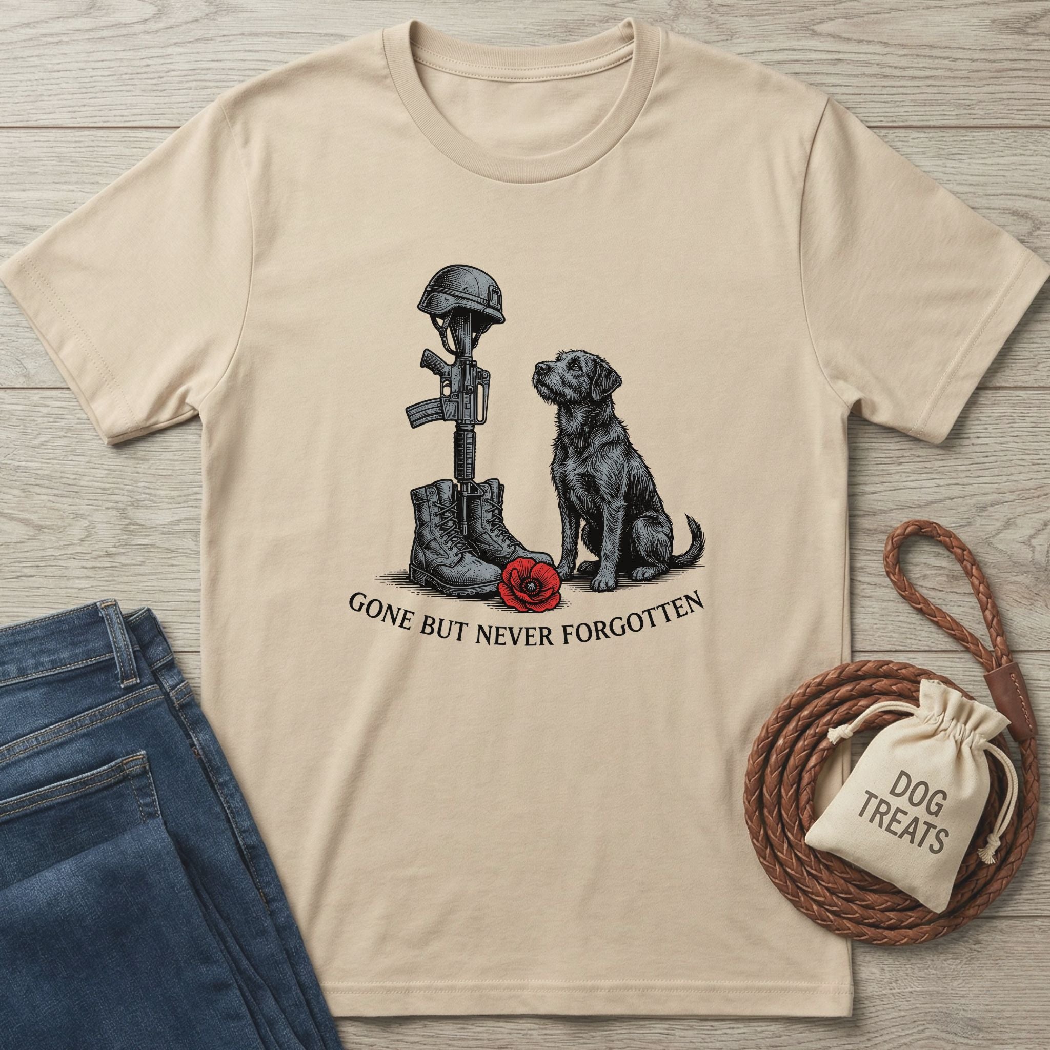 Tan Gildan Softstyle® 64000 t-shirt with "Gone But Never Forgotten" text, a black dog, and military boots/helmet graphic.