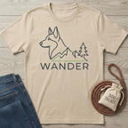 Beige Wander Dog T-shirt with a minimalist husky, mountains, and trees design, beside jeans and dog treats.