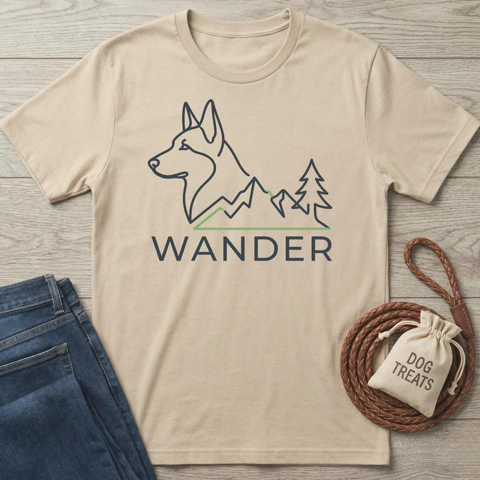 Beige Wander Dog T-shirt with a minimalist husky, mountains, and trees design, beside jeans and dog treats.