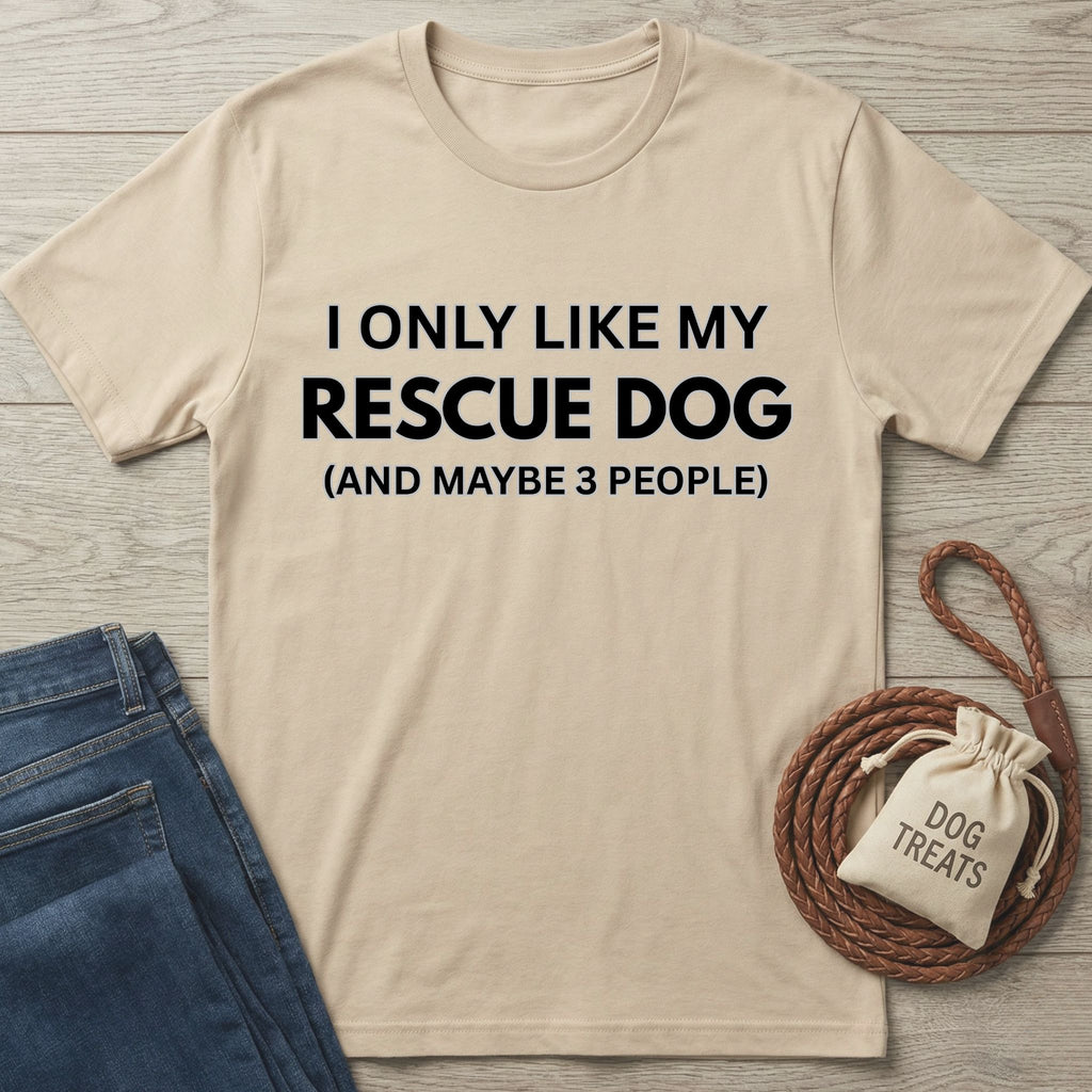 Gildan Softstyle® 64000 tee in natural with "I ONLY LIKE MY RESCUE DOG" text, beside jeans and dog treats.