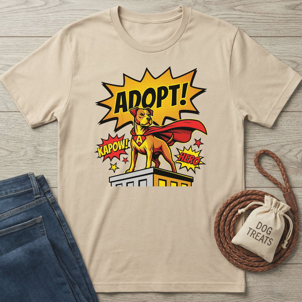 Tan Gildan Softstyle t-shirt with a comic-style "Adopt!" superhero dog graphic, blue jeans, and dog treats.