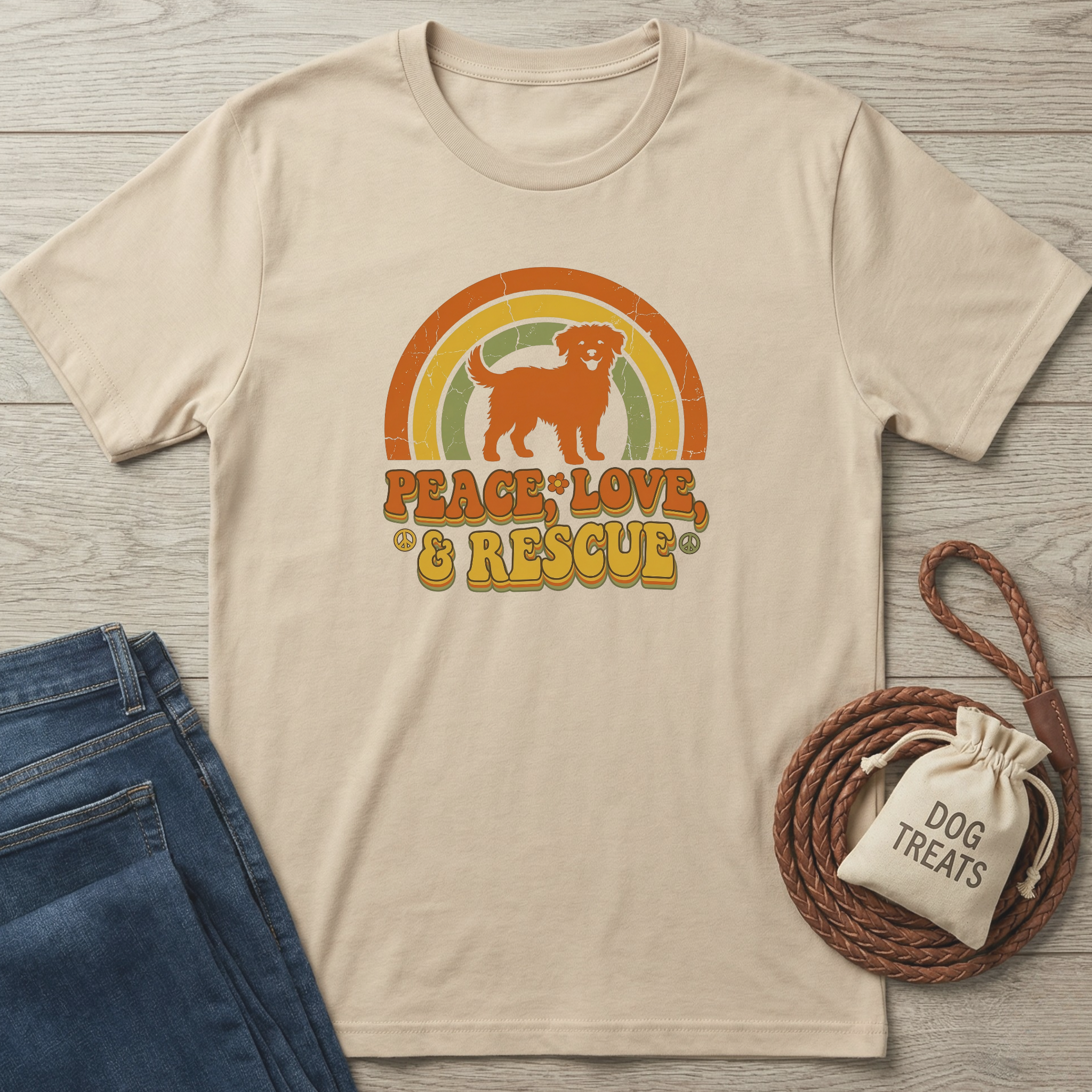 Beige cotton t-shirt with a retro rainbow, golden retriever, and "Peace, Love & Rescue" design.