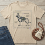 EEDU Dog T-Shirt: Beige cotton tee with a detailed blueprint graphic of a K-9 "Hopper" dog.