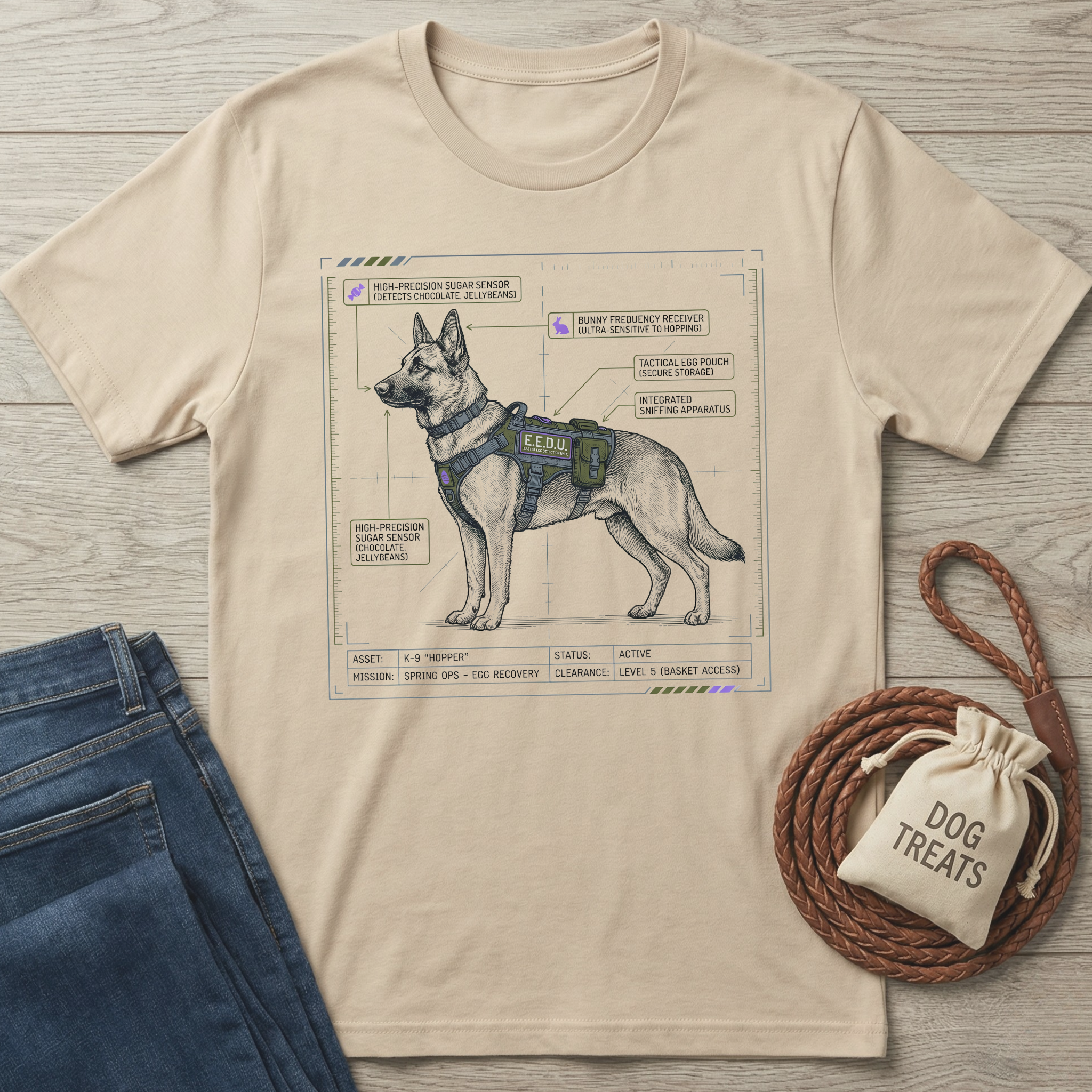 EEDU Dog T-Shirt: Beige cotton tee with a detailed blueprint graphic of a K-9 "Hopper" dog.