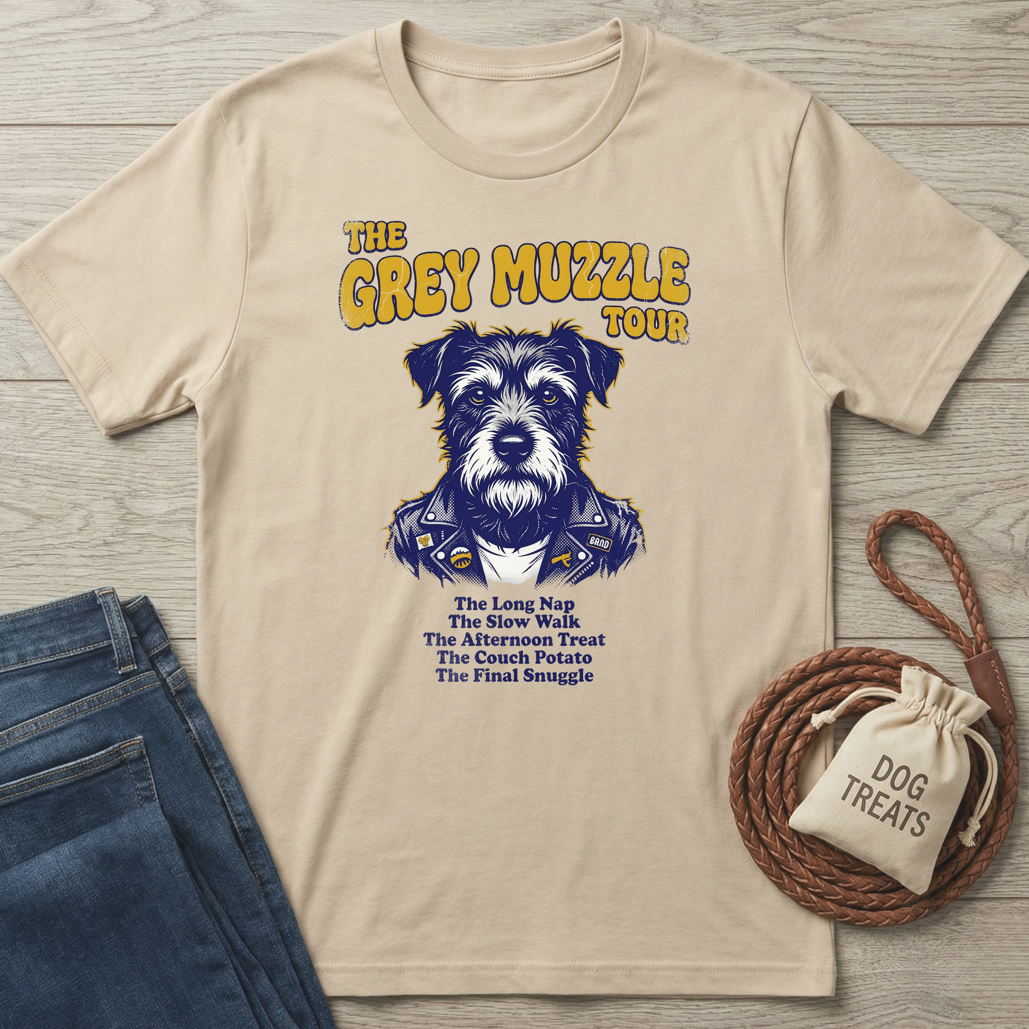 Beige cotton "The Grey Muzzle Tour" t-shirt with a cool dog wearing a leather jacket.