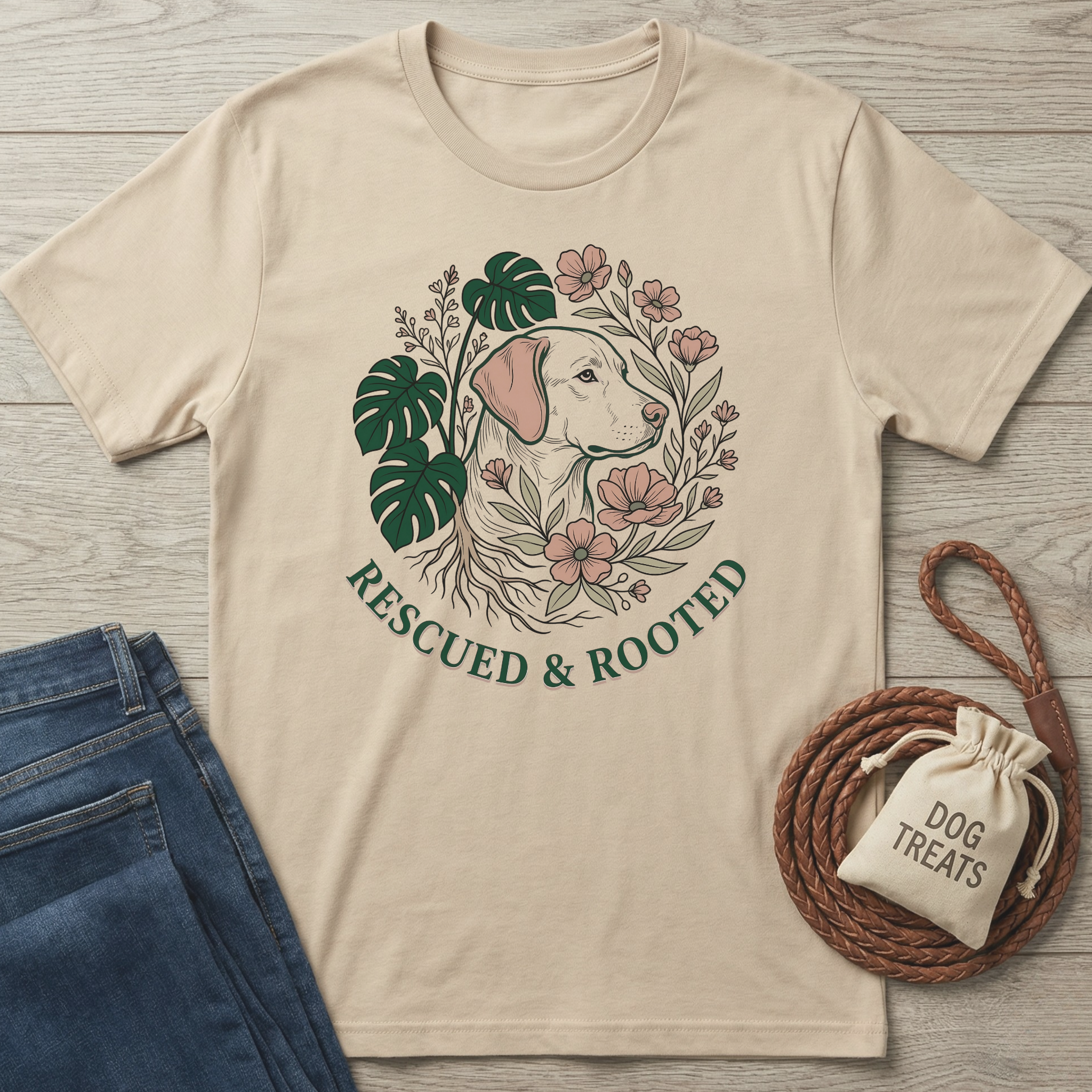 Beige cotton t-shirt with a graphic of a dog, monstera leaves, pink flowers, and "Rescued & Rooted.