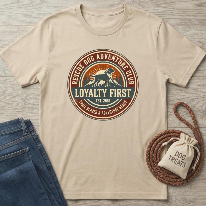 Beige cotton t-shirt with "Rescue Dog Adventure Club" logo featuring a dog, mountains, and sun.