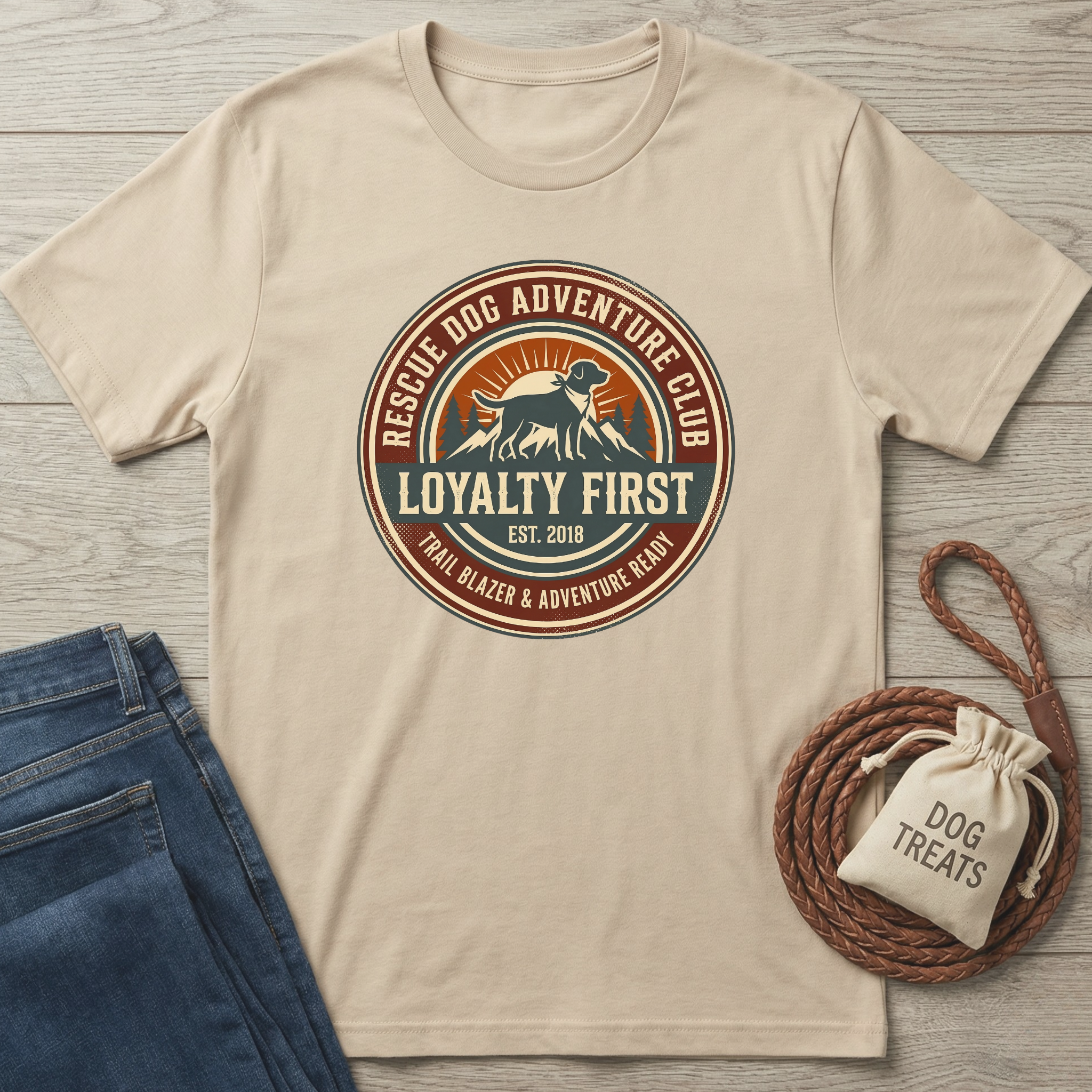 Beige cotton t-shirt with "Rescue Dog Adventure Club" logo featuring a dog, mountains, and sun.