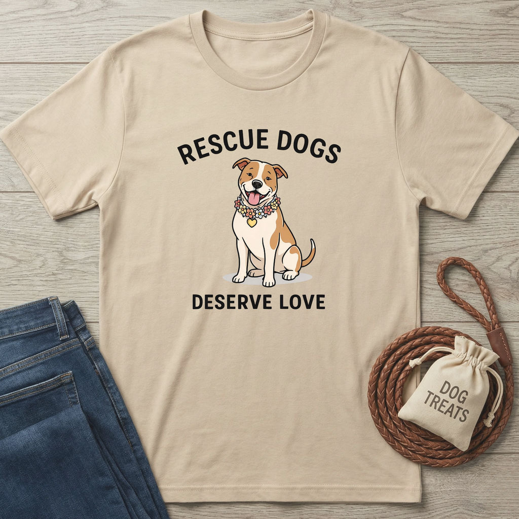 Beige Gildan Softstyle® t-shirt with "Rescue Dogs Deserve Love" text and a smiling pit bull wearing a flower collar.